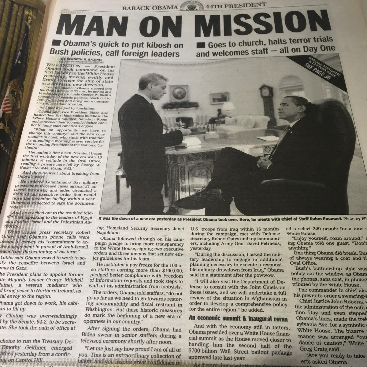 Inside page of the NY Daily News from January 22, 2009, titled 'Man on Mission', discussing President Obama's early actions and meetings on his first day in office.