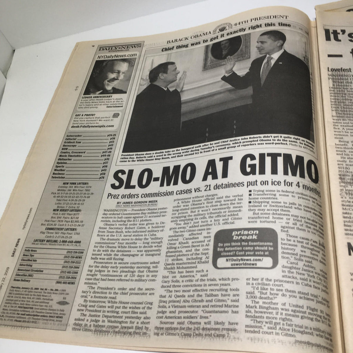 NY Daily News: Jan 22 2009 President Obama Gets To Work - Newspaper clipping showcasing Barack Obama being sworn in as the 44th President of the United States, with news about executive orders.