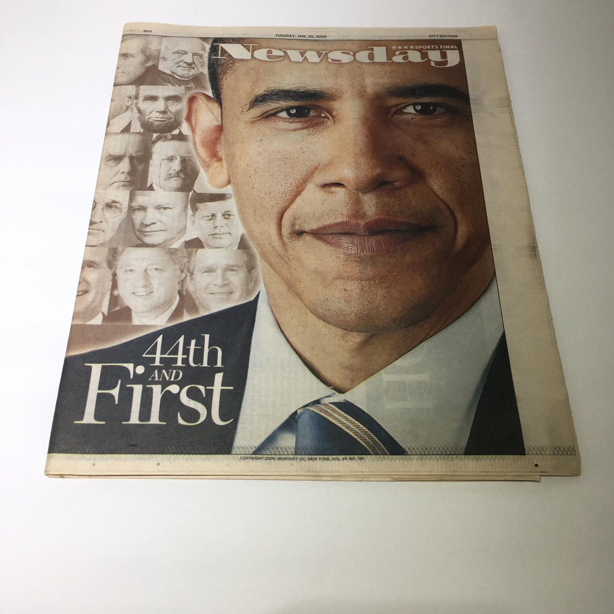 Front cover of Newsday dated January 20, 2009, highlighting Barack Obama with the title '44th and First' in bold letters alongside black-and-white portraits of past presidents.