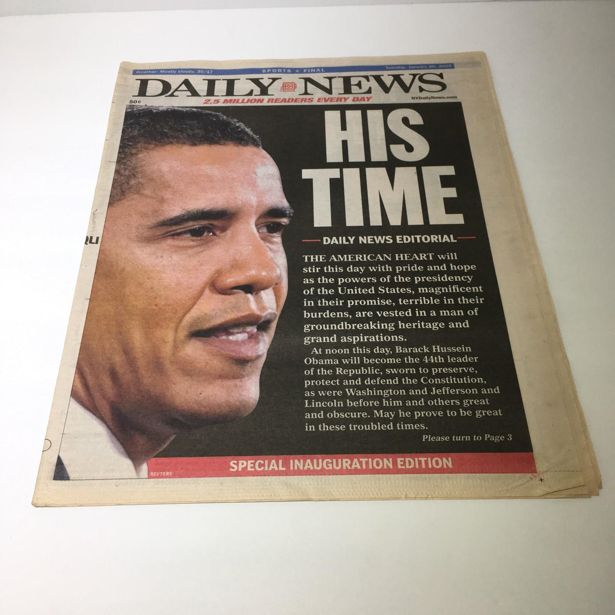 Front page of NY Daily News, January 20, 2009, featuring Barack Hussein Obama titled 'His Time'. The newspaper highlights Obama's inaugural celebration and historical significance, showcasing a prominent image of him.