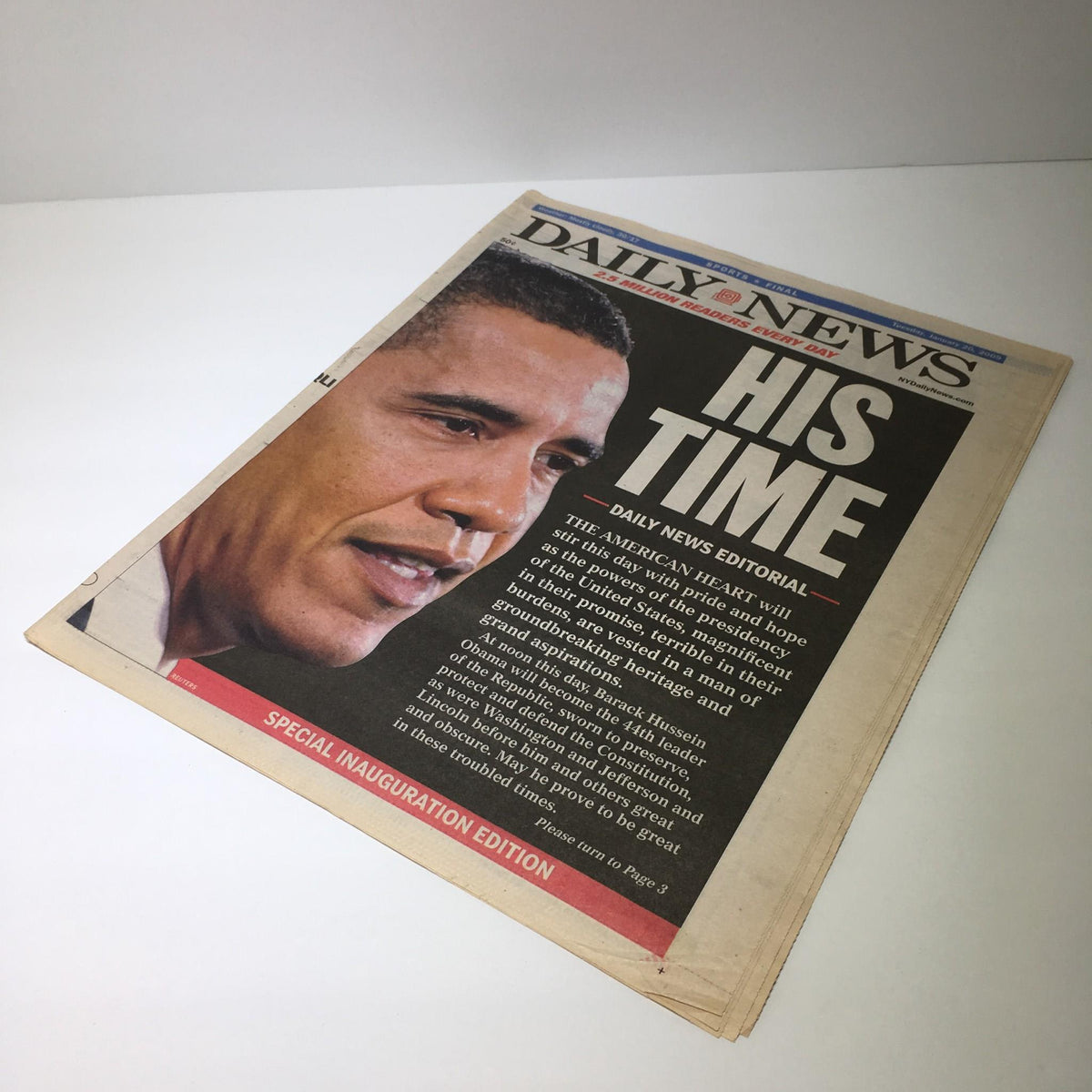 NY Daily News cover highlighting Barack Obama with the headline 'His Time', illustrating his inauguration day on January 20, 2009.