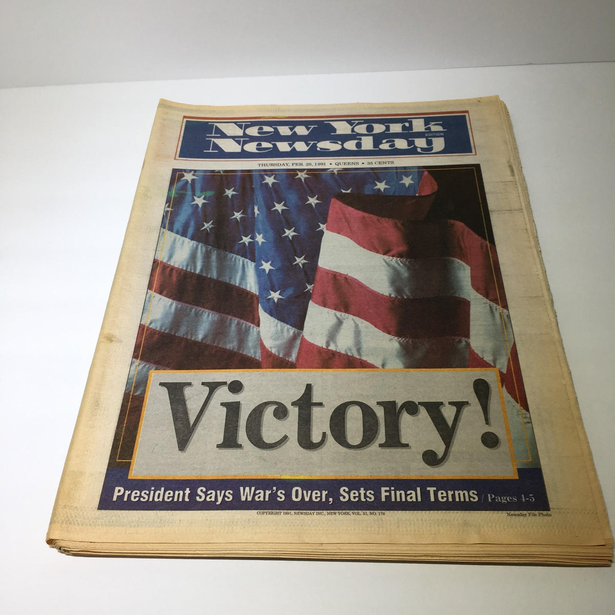 Front page of Newsday newspaper from February 28, 1991, featuring the title 'Victory! President Says War's Over, Sets Final Terms' with an American flag in the background.