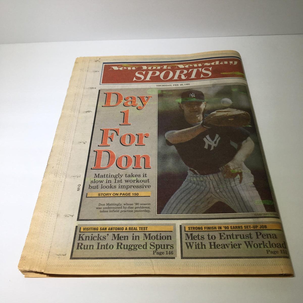 Back page of Newsday newspaper from February 28, 1991, titled 'Day 1 For Don' highlighting a story about baseball player Don Mattingly.