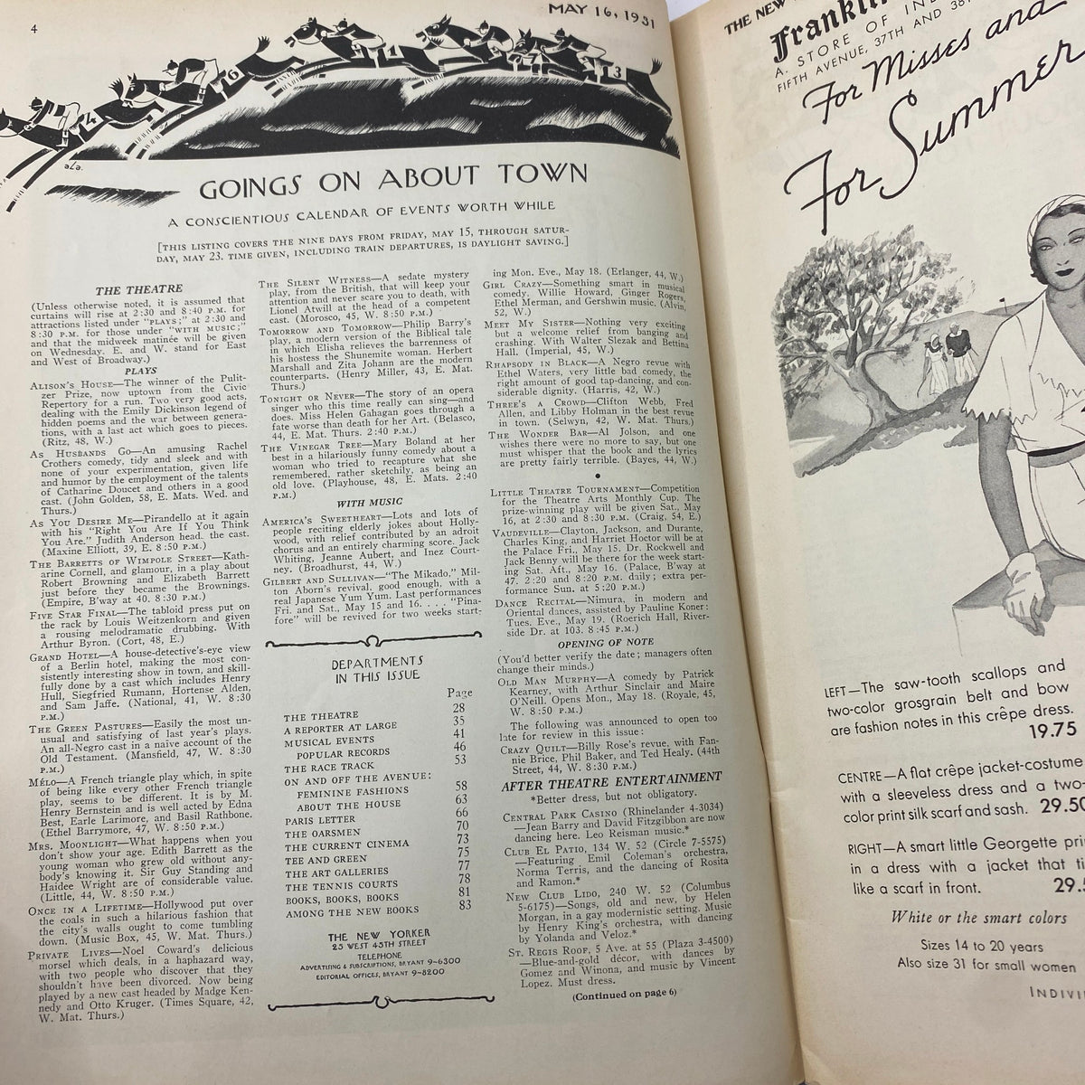 The New Yorker Complete Magazine May 16, 1931 - Interior page featuring 'Goings On About Town' section with a calendar of events including theater listings.
