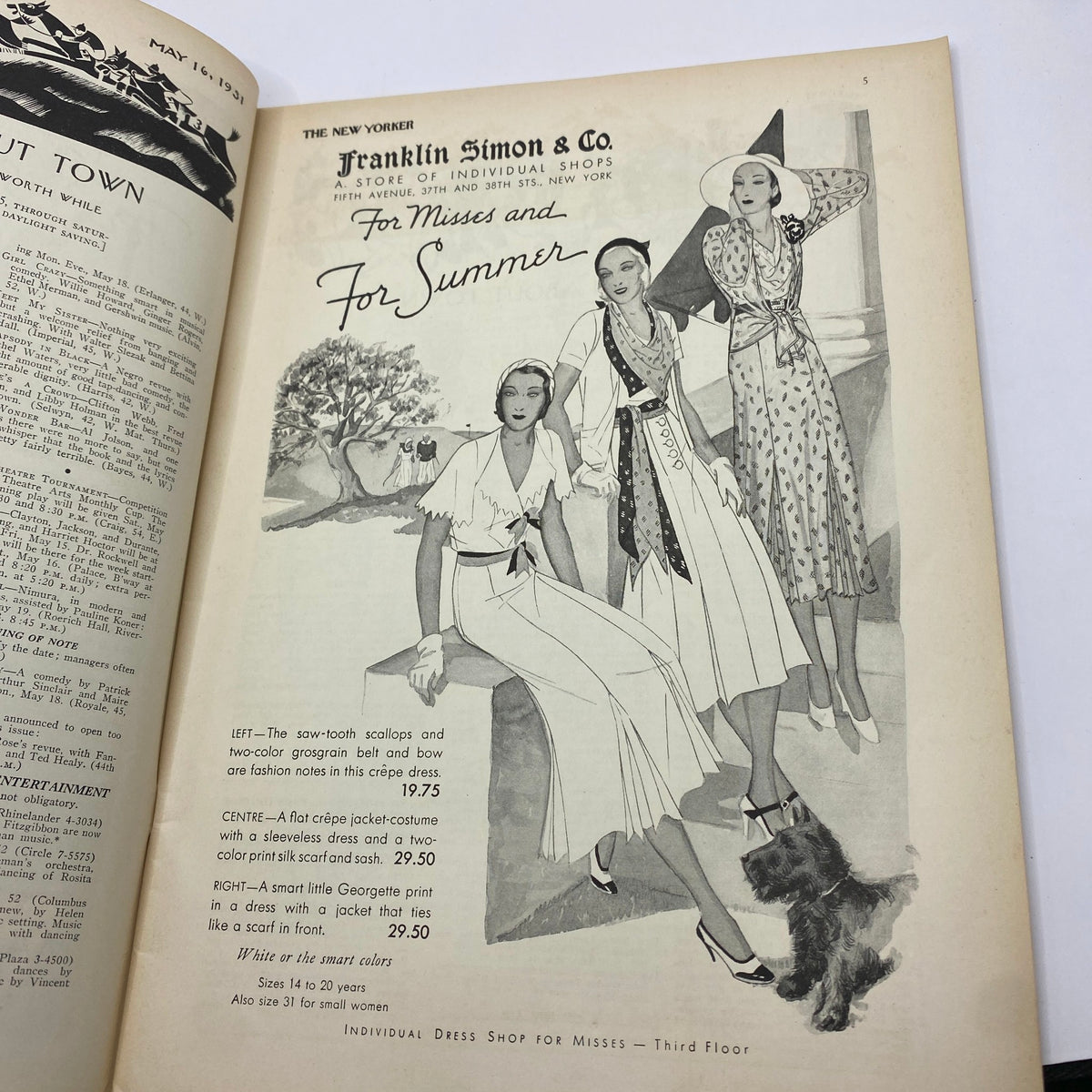 The New Yorker Complete Magazine May 16, 1931 - Interior page showcasing a fashion advertisement for Franklin Simon & Co. with three models in summer dresses.