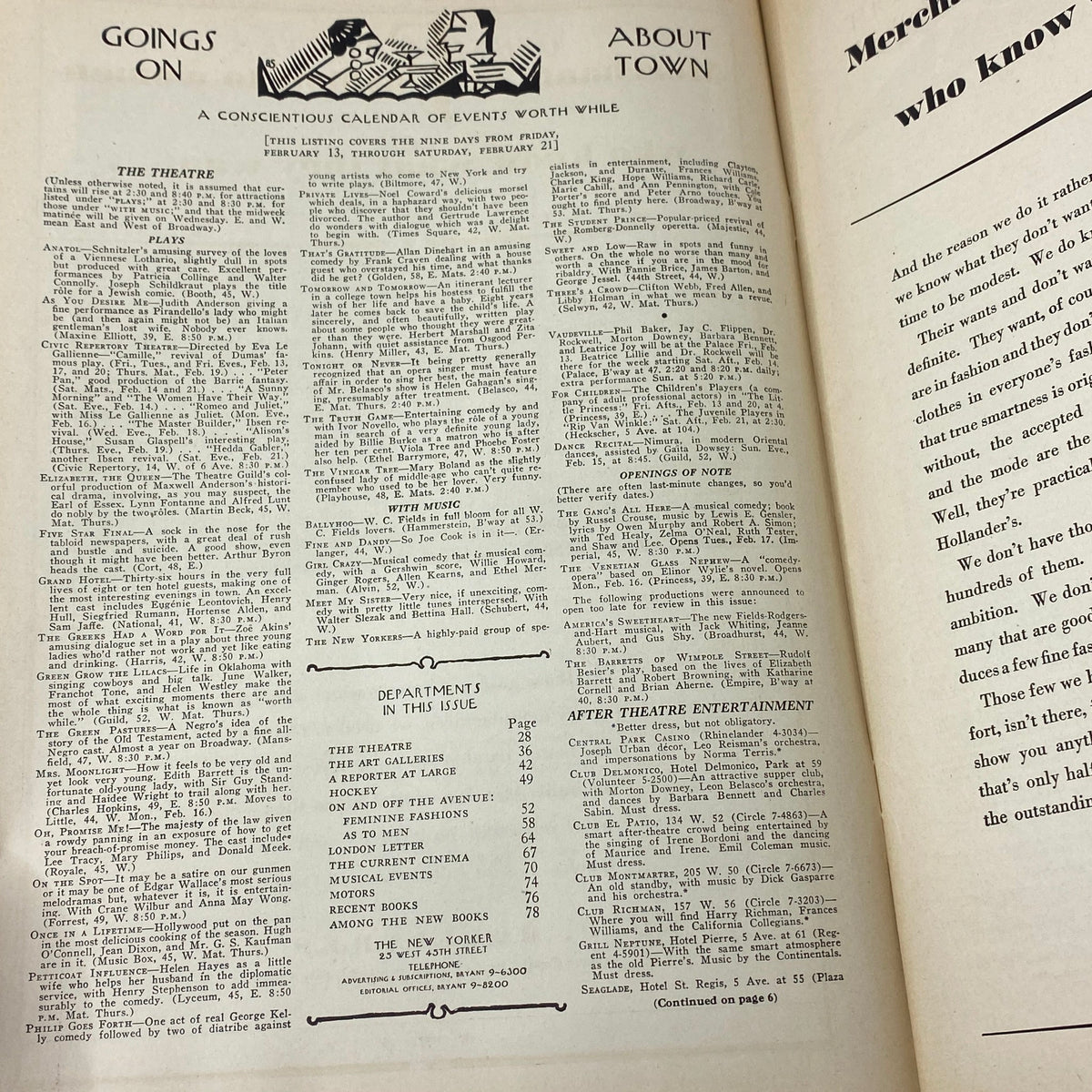 The New Yorker Complete Magazine February 14, 1931, featuring a detailed calendar of events in New York, showcasing cultural activities from February 13 through February 21.