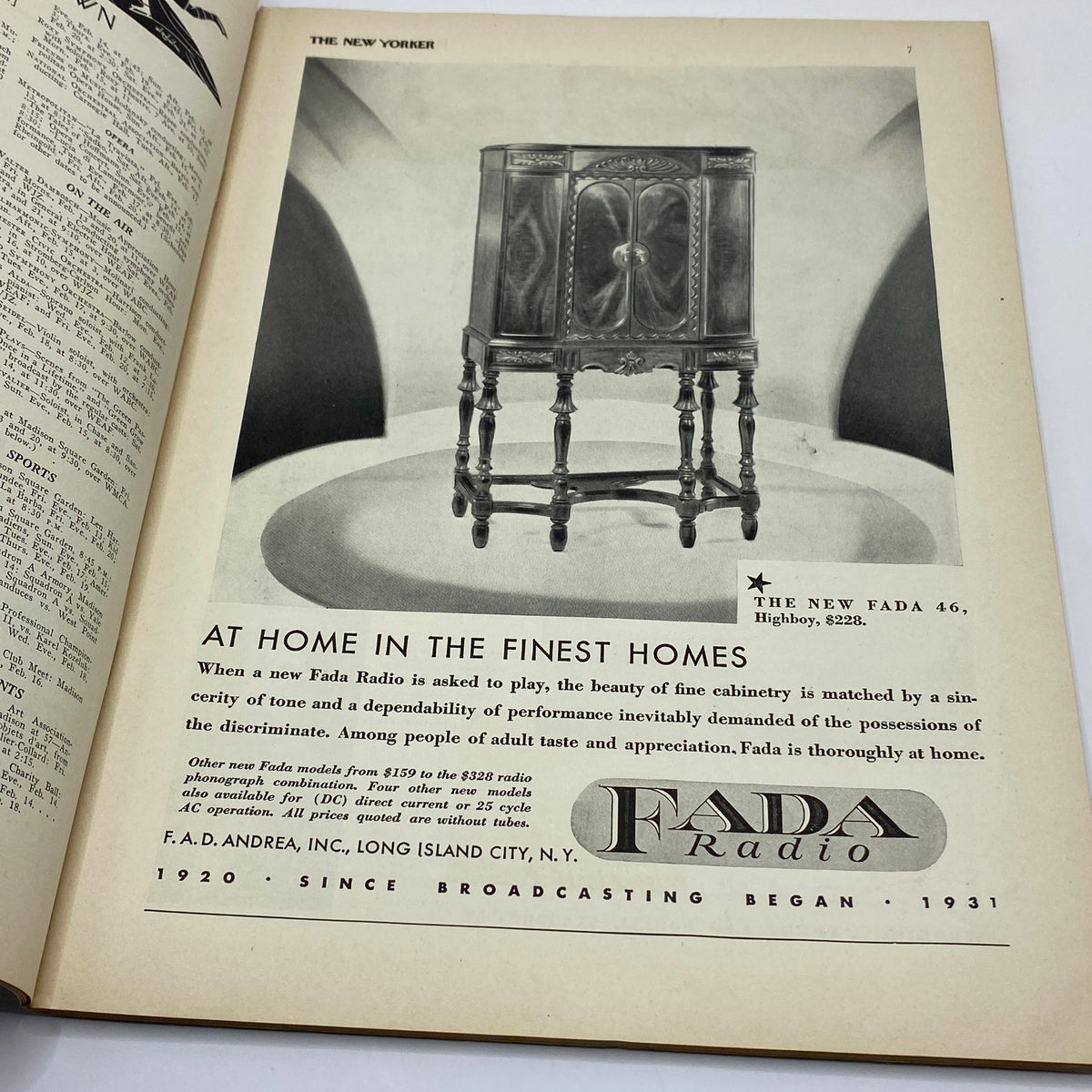 The New Yorker Complete Magazine February 14, 1931, showcasing an advertisement for a Fada Radio with an elegant wooden design, emphasizing quality and craftsmanship.