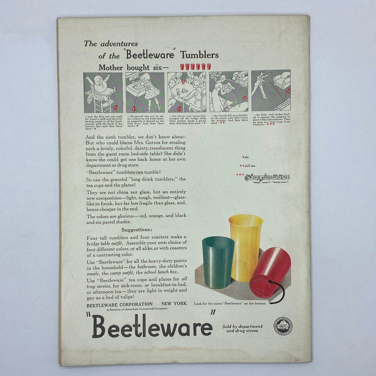 The New Yorker Complete Magazine February 14, 1931, presenting an advertisement for Beetleware tumblers, highlighting colorful and durable kitchenware options available in various shades.