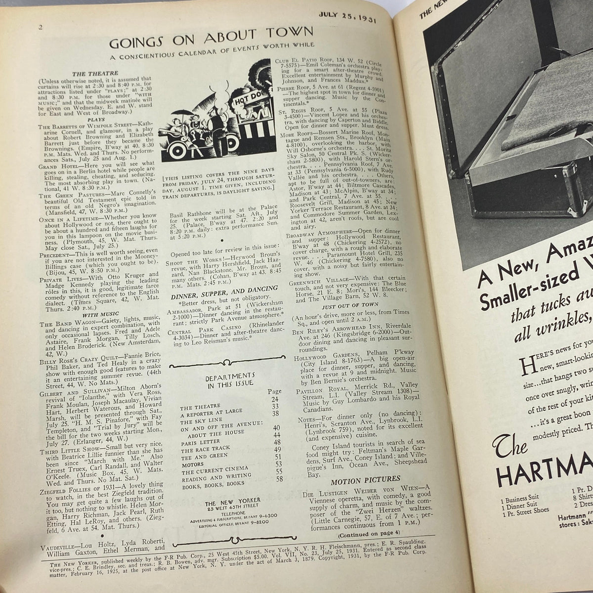 Interior page featuring the events calendar section from The New Yorker Complete Magazine July 25, 1931 Gardner Rea Cover, detailing various cultural activities and events in New York City.