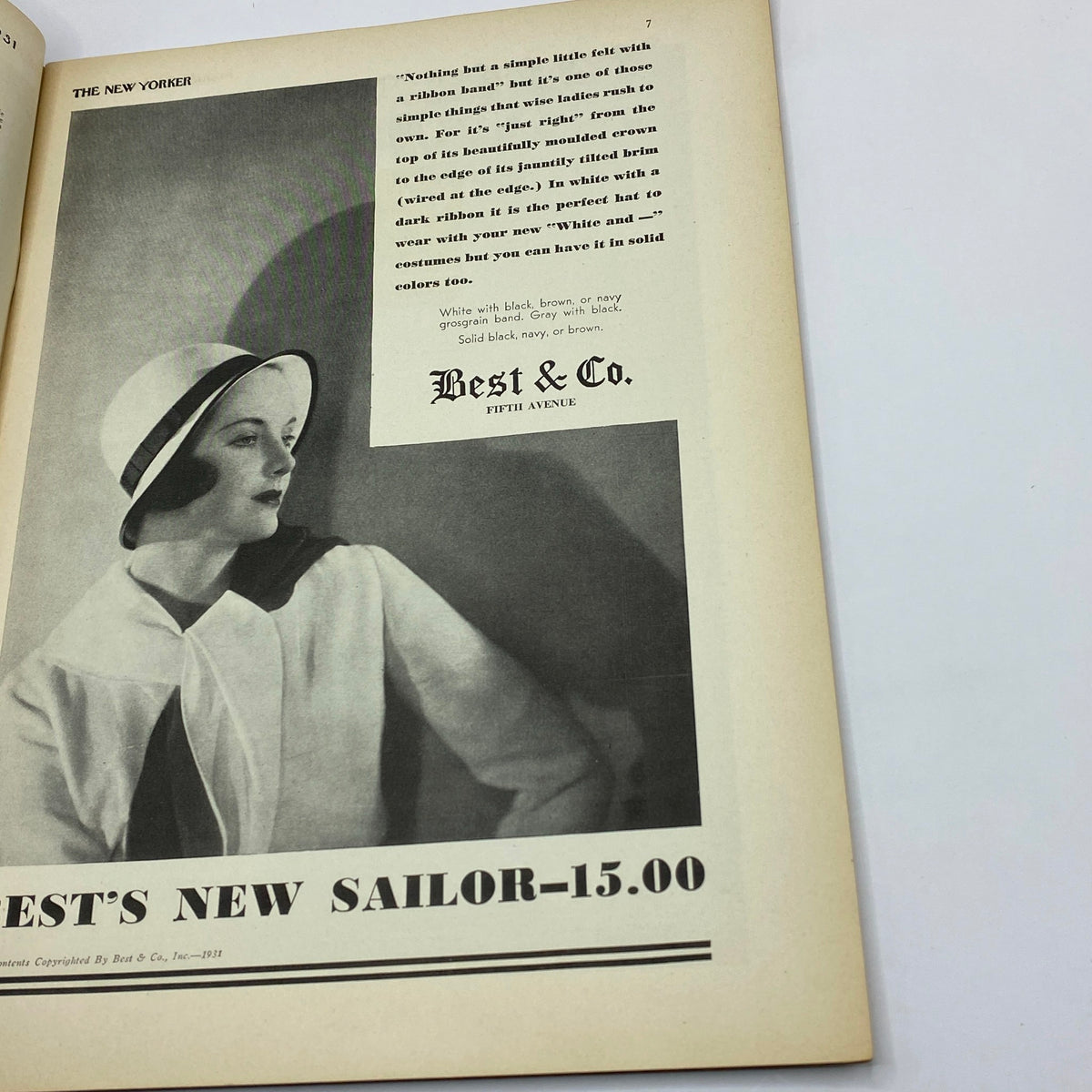 Vintage advertisement for Best & Co. featuring a woman wearing a stylish hat, found in The New Yorker Complete Magazine March 14, 1931 Rea Irvin Cover.