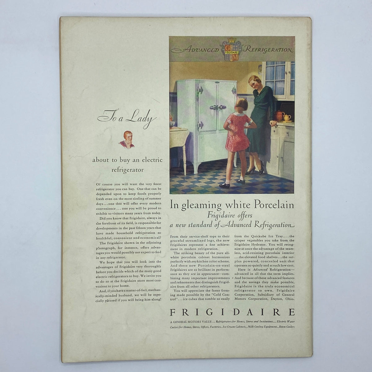 Frigidaire advertisement showcasing a mother and child in a kitchen with electric refrigerator, featured in The New Yorker Complete Magazine March 14, 1931 Rea Irvin Cover.