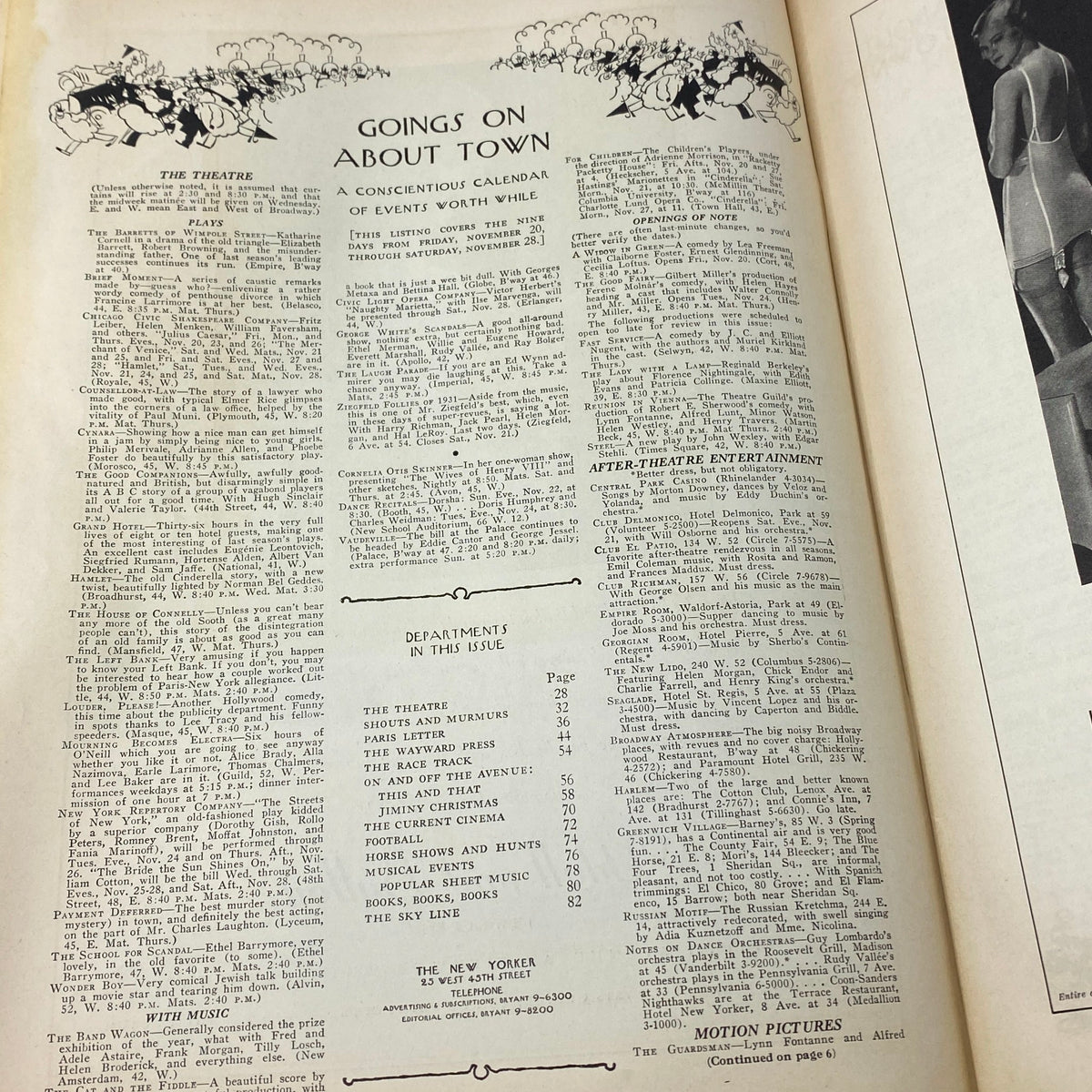 Interior page of The New Yorker magazine from November 21, 1931, showcasing the 'Goings On About Town' events calendar.