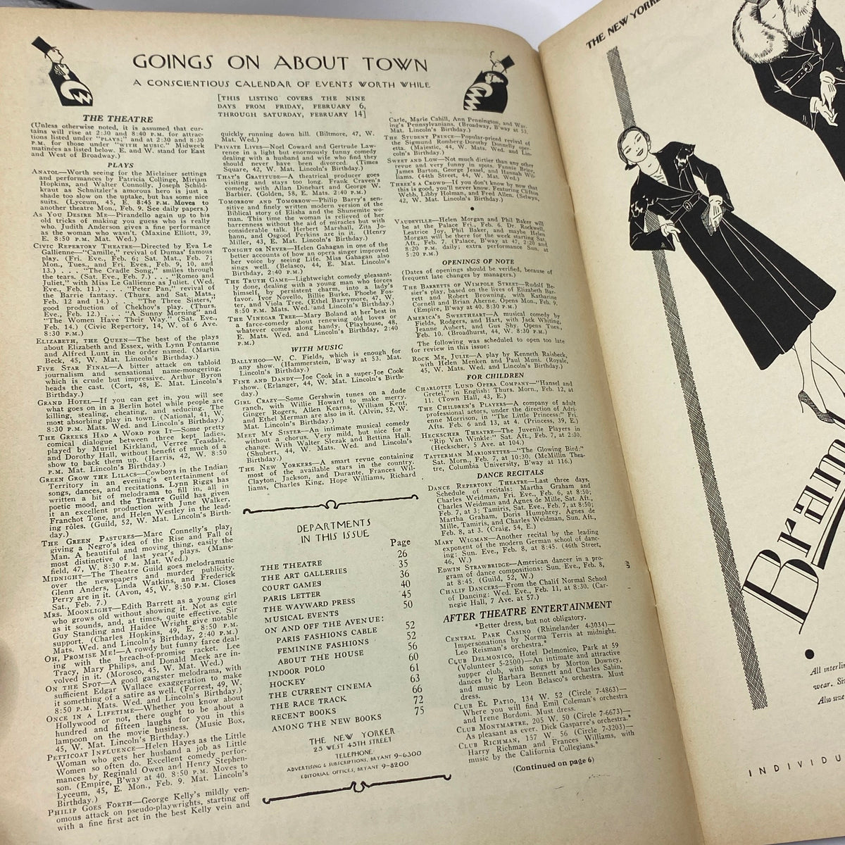 Interior page of The New Yorker Complete Magazine February 7, 1931, featuring a calendar of events, highlighting plays and musical performances.