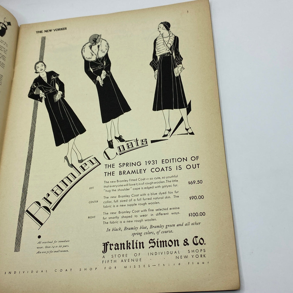 Advertisement page from The New Yorker Complete Magazine February 7, 1931, showcasing the spring edition of Bramley Coats with three elegant coat designs.