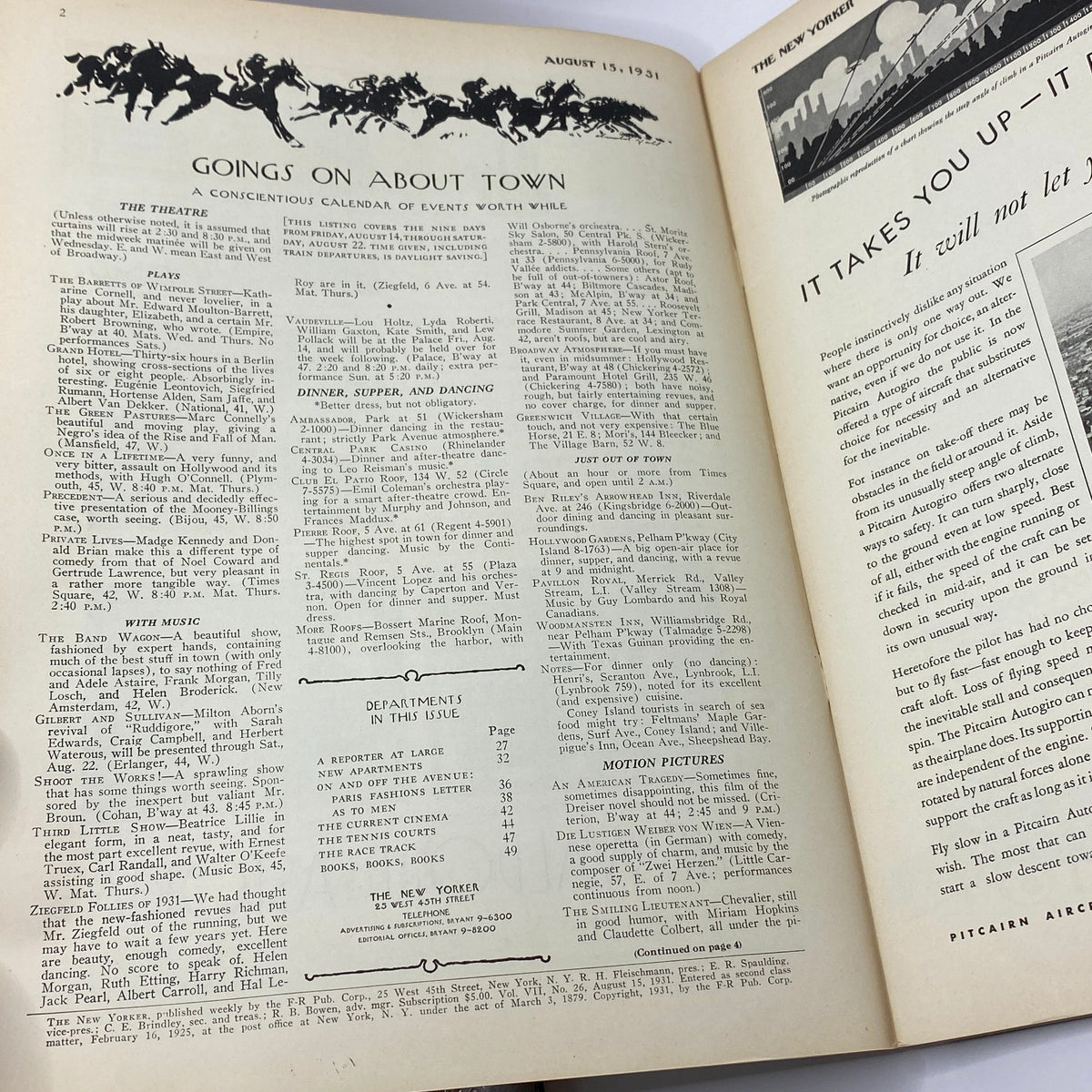 The New Yorker Complete Magazine August 15, 1931 Theodore Haupt Cover interior page featuring events and calendar of activities.