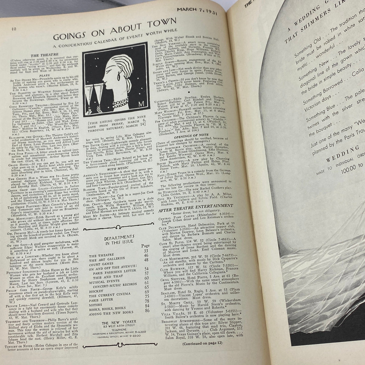 Interior page of The New Yorker magazine from March 7, 1931, featuring a calendar of events and listings for theatre shows, highlighting the culture of the time, with elegant typography and layout.