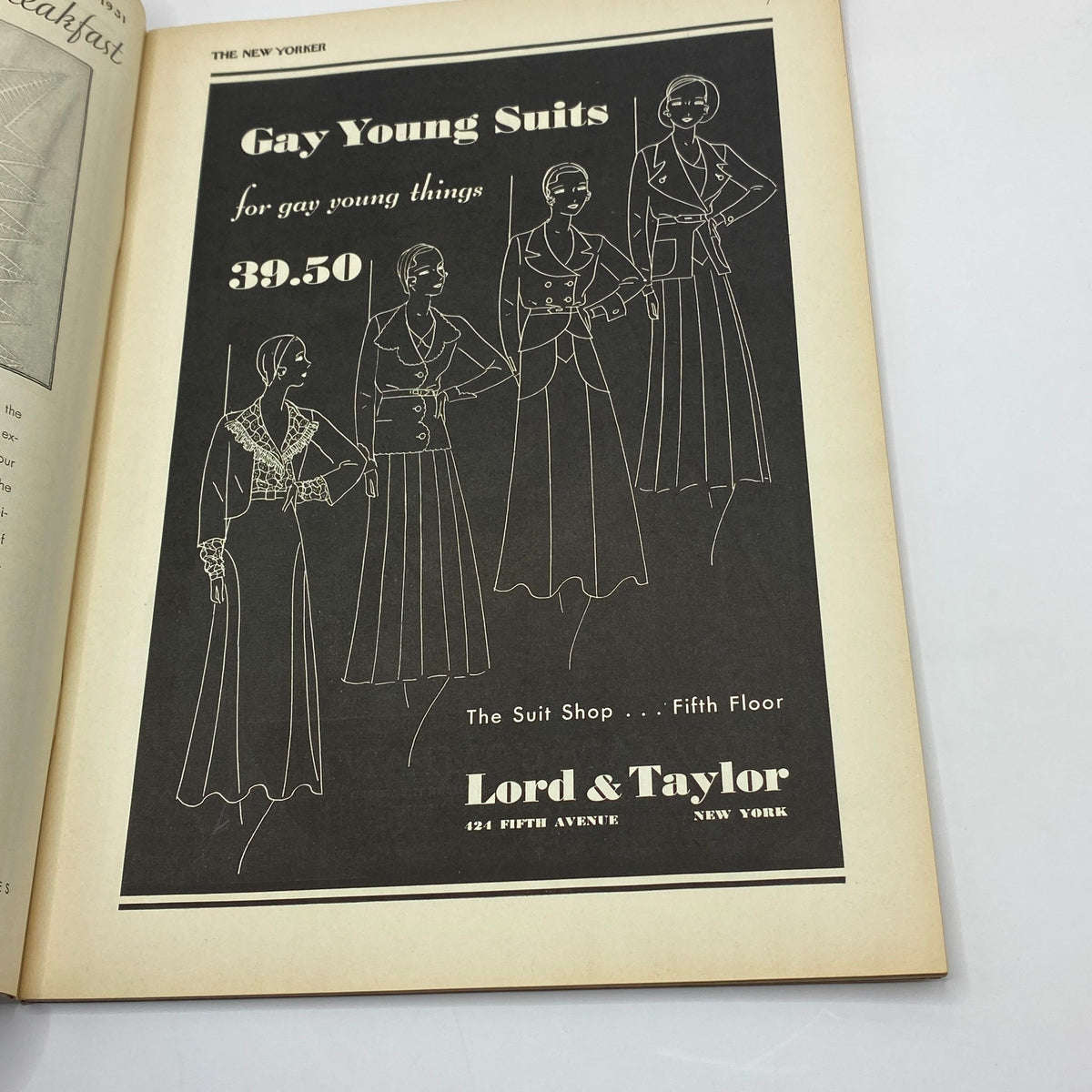 Advertisement page for Gay Young Suits in The New Yorker magazine, March 7, 1931, showcasing stylish women's suits for young ladies, emphasizing fashion trends of the 1930s.