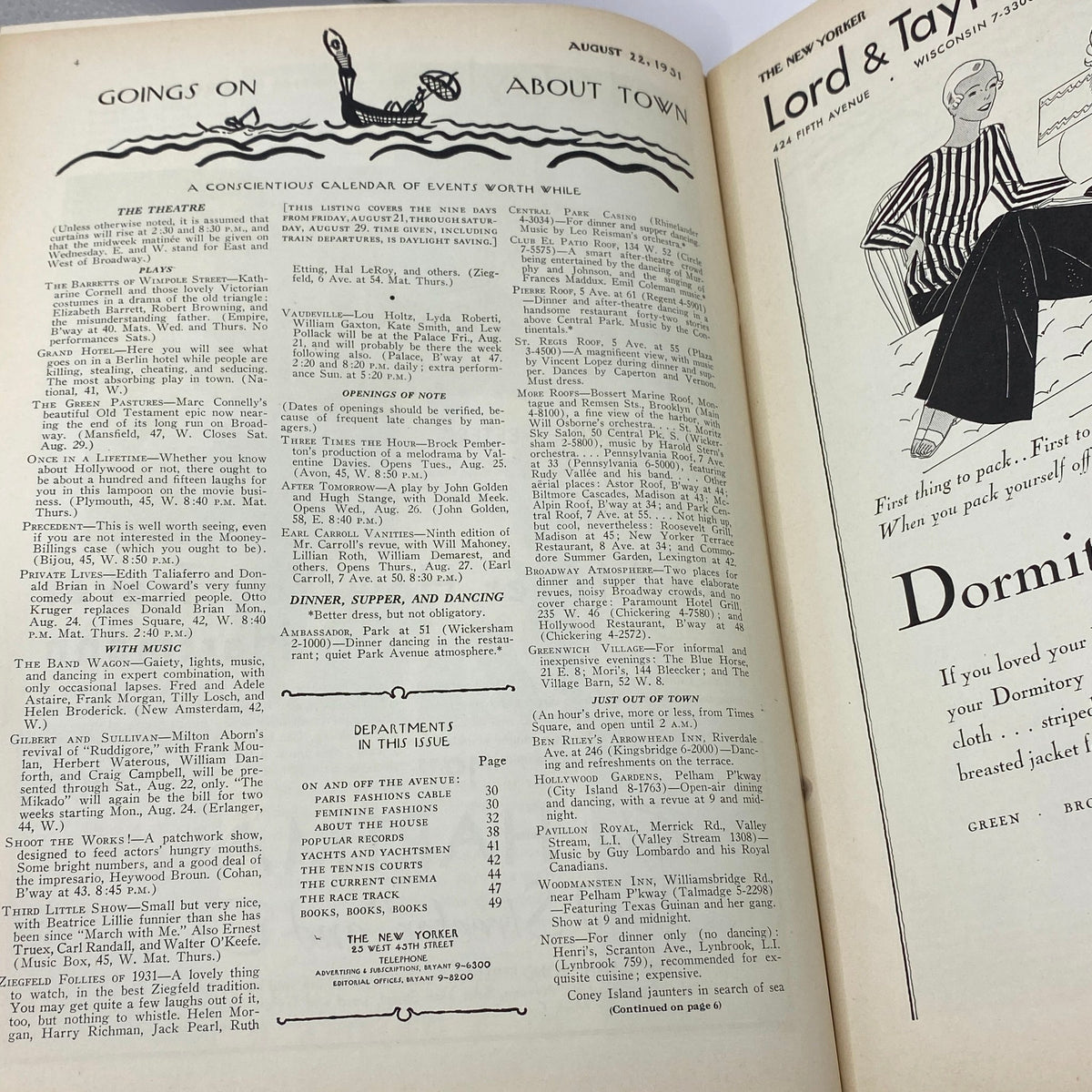 Interior page of The New Yorker magazine from August 22, 1931, featuring event listings and advertisements, showcasing the culture and entertainment of the time.