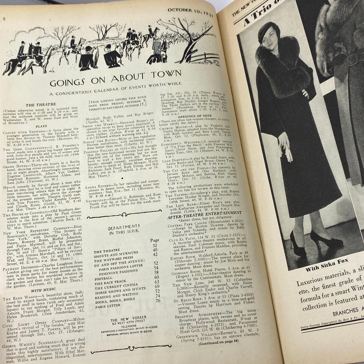 Inside page of The New Yorker Complete Magazine October 10, 1931 featuring the section 'Goings on About Town' with listings for theater and events, showcasing vintage text and illustrations.