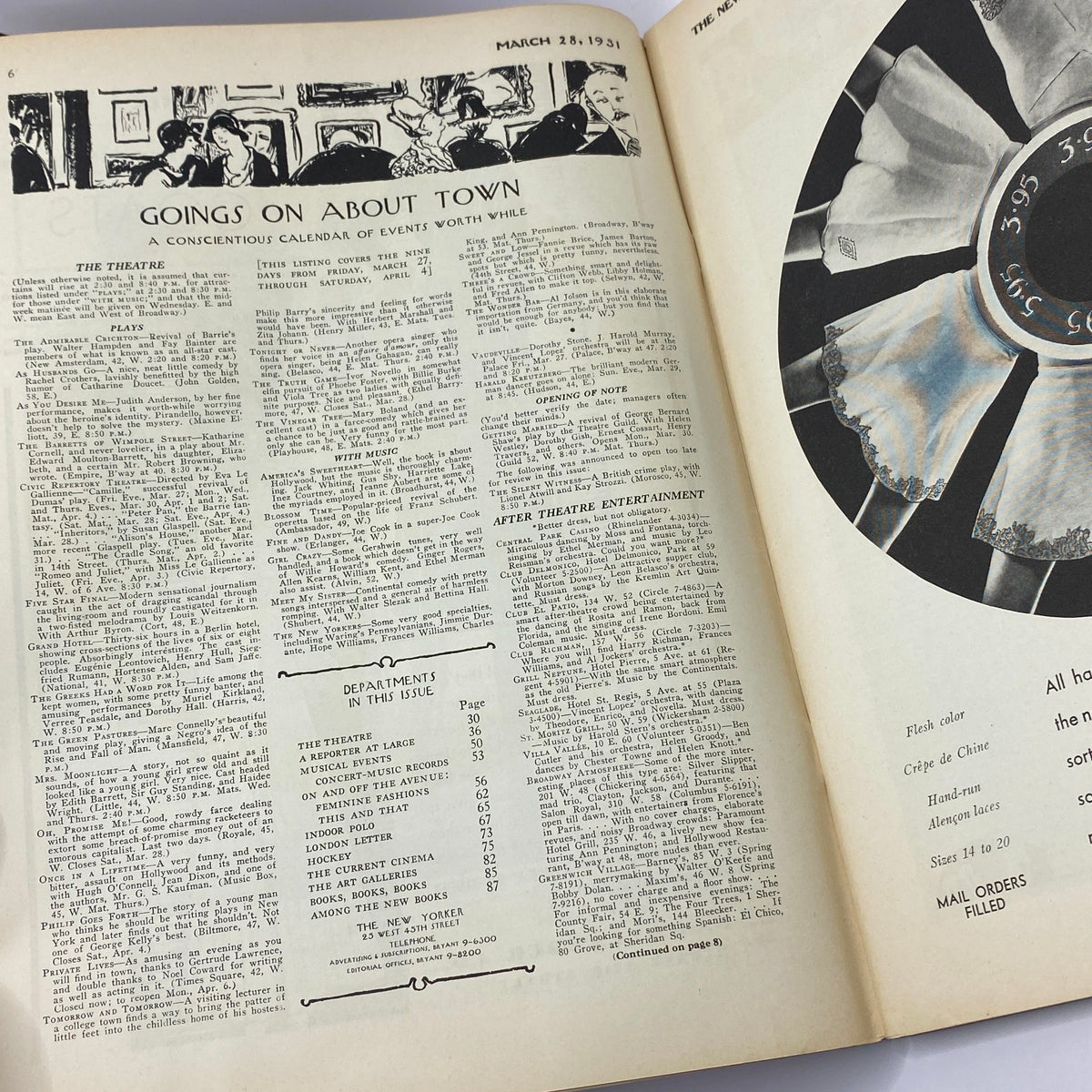 Page from The New Yorker Complete Magazine March 28, 1931 featuring the 'Goings on About Town' section, showcasing events and entertainment listings.
