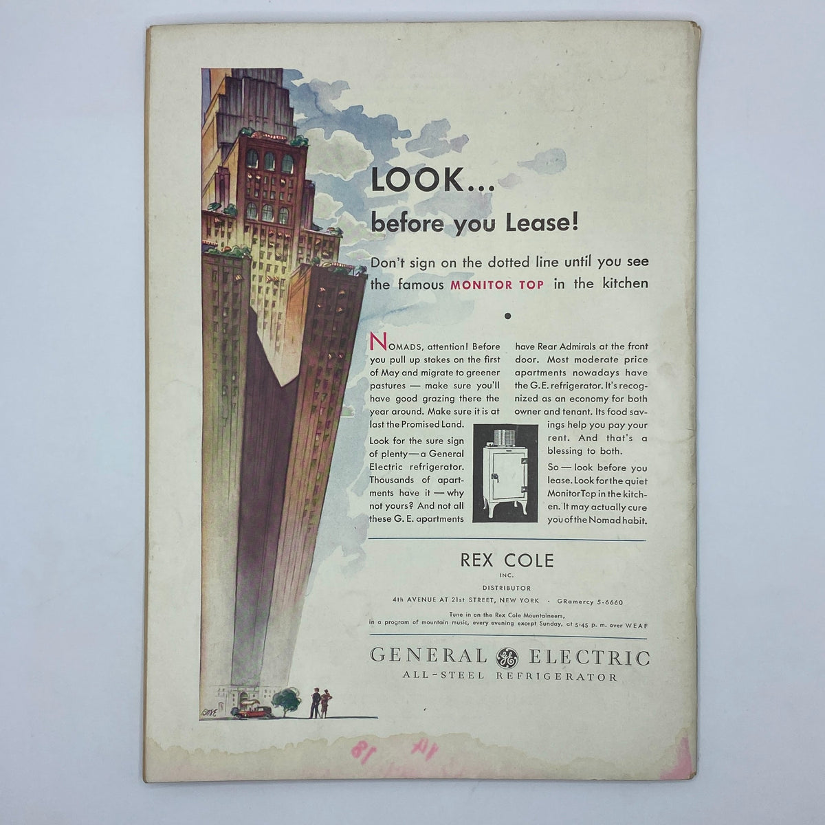 Back cover of The New Yorker Complete Magazine March 28, 1931 featuring a vintage advertisement for General Electric appliances with a focus on the Monitor Top refrigerator.