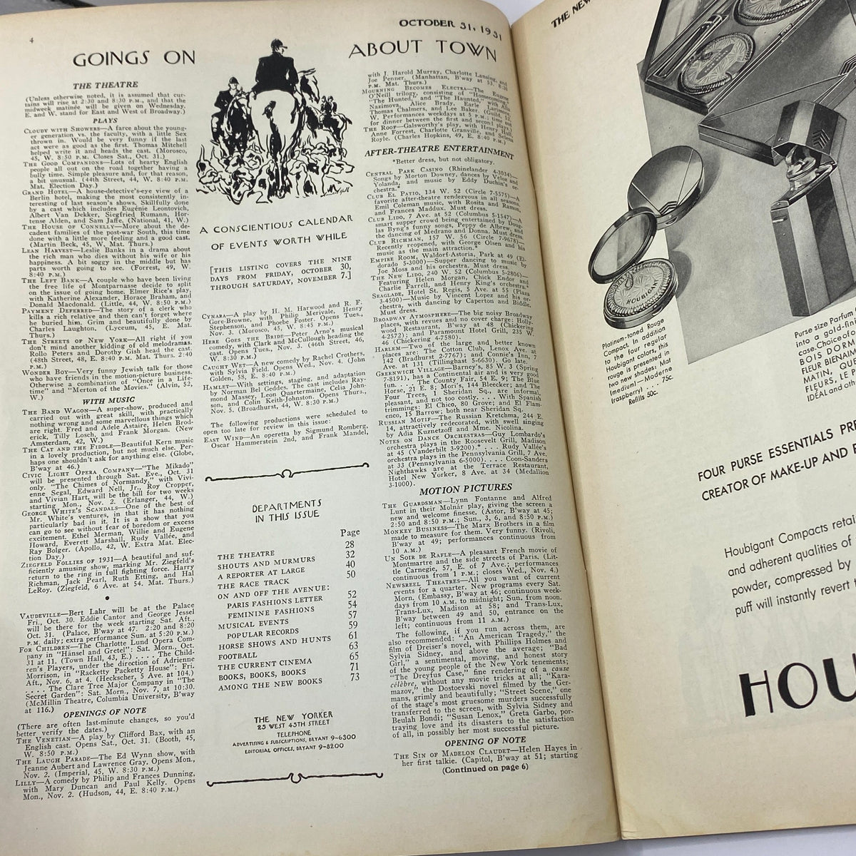 Interior page of The New Yorker Complete Magazine October 31, 1931, featuring listings and entertainment calendar, showcasing vintage typography and layout.