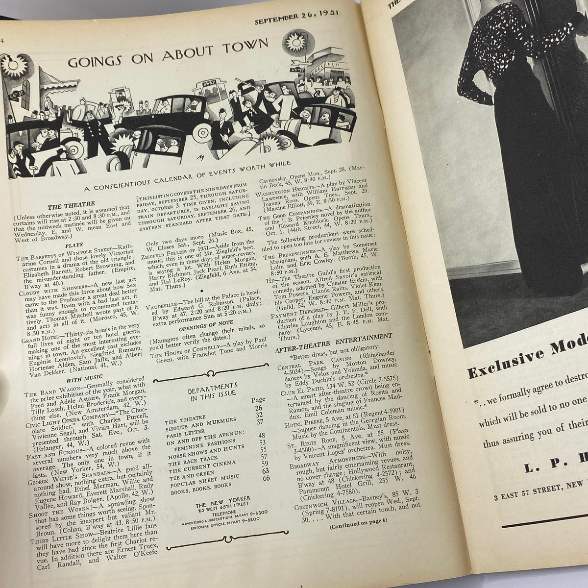 Interior page from The New Yorker magazine dated September 26, 1931, featuring a theatrical calendar and events illustration, part of the Rea Irvin cover edition.