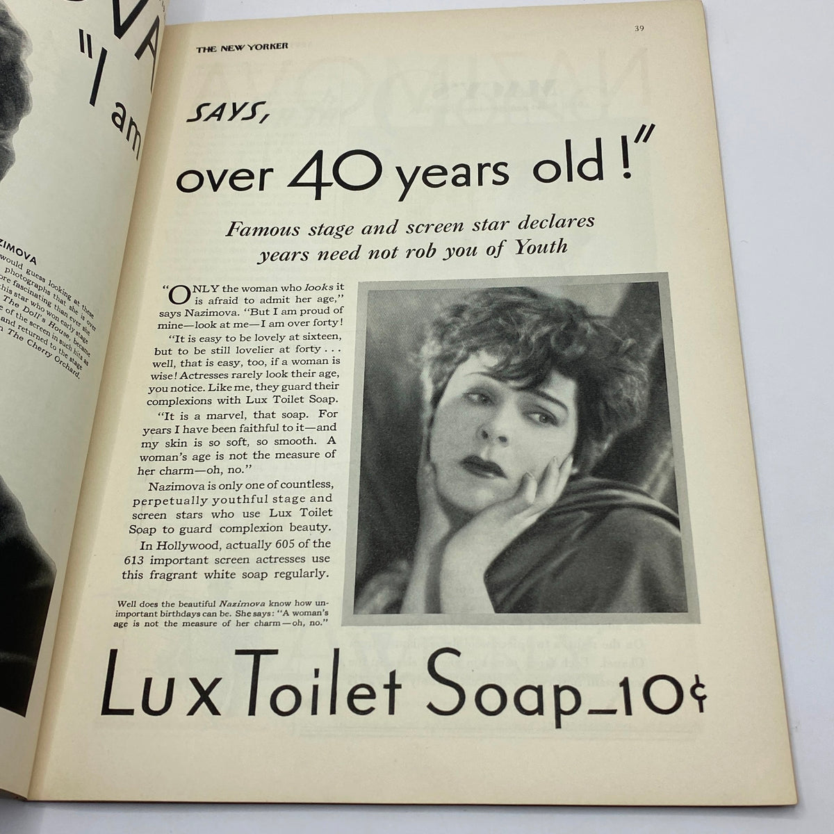 Advertisement from The New Yorker magazine dated September 26, 1931, promoting Lux Toilet Soap with a vintage image of a stage star, part of the Rea Irvin cover edition.
