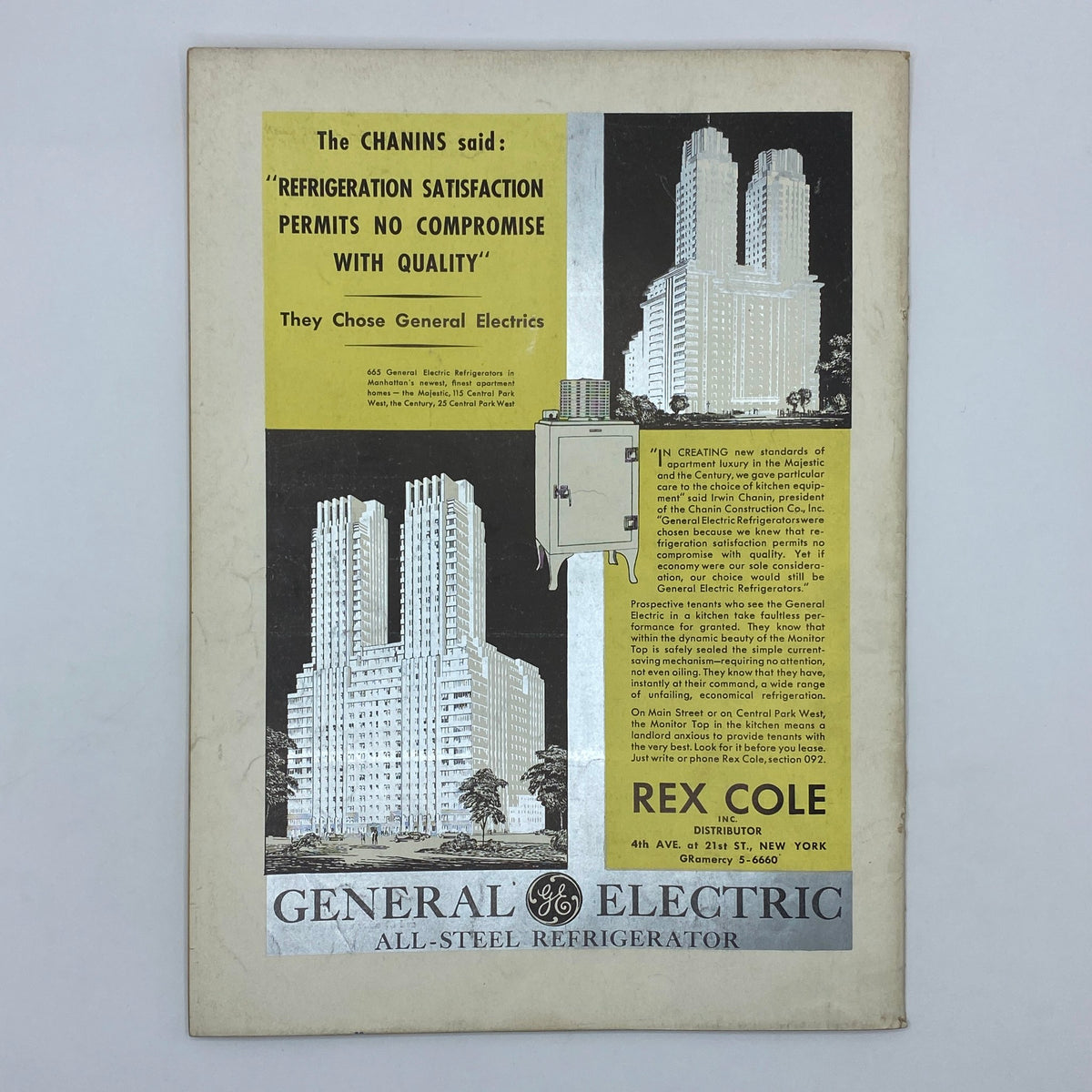Advertisement for General Electric All-Steel Refrigerator featuring an illustration of the building The Chanins and a vintage style depiction, accompanying The New Yorker Complete Magazine September 26, 1931.