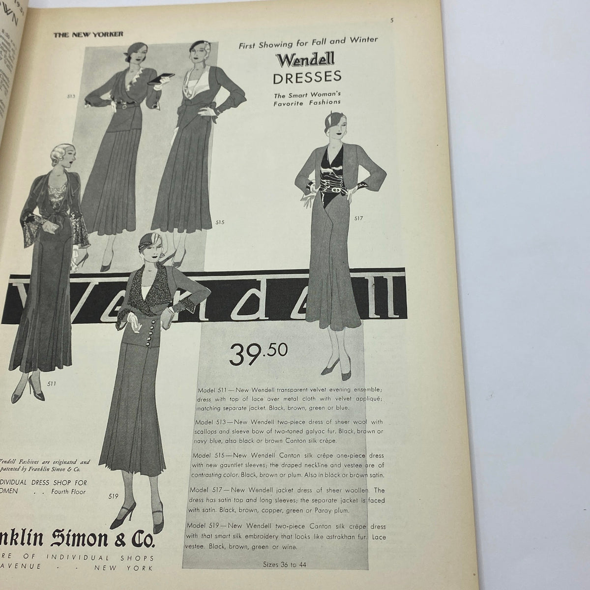 Fashion advertisement page in The New Yorker Complete Magazine September 19, 1931 highlighting Wendell dresses for women.