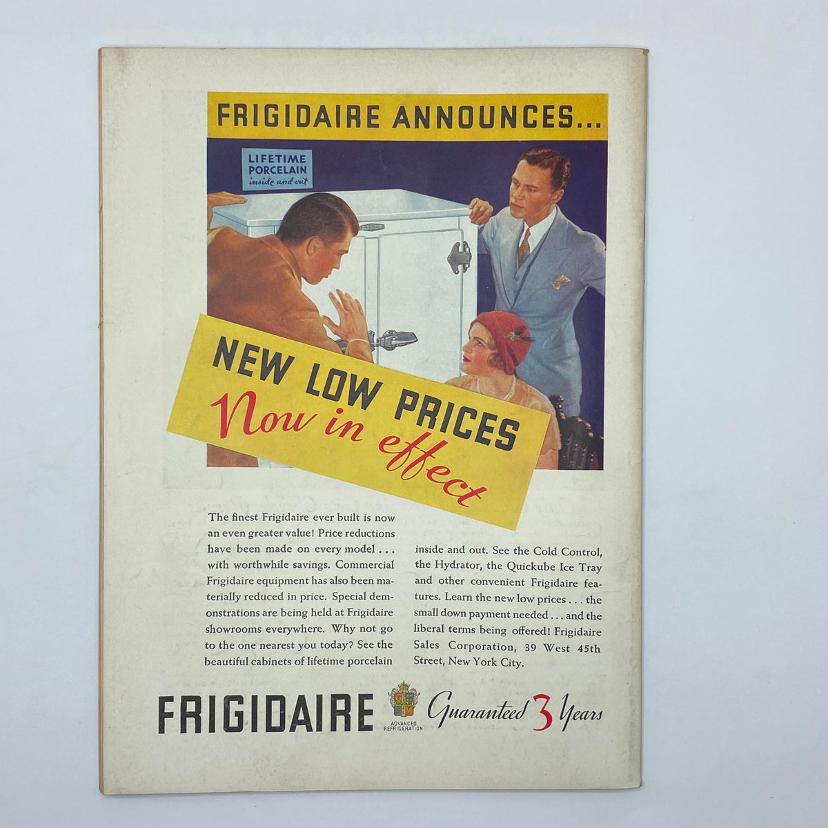 Vintage advertisement for Frigidaire in The New Yorker Complete Magazine September 19, 1931 announcing new low prices on refrigerators.