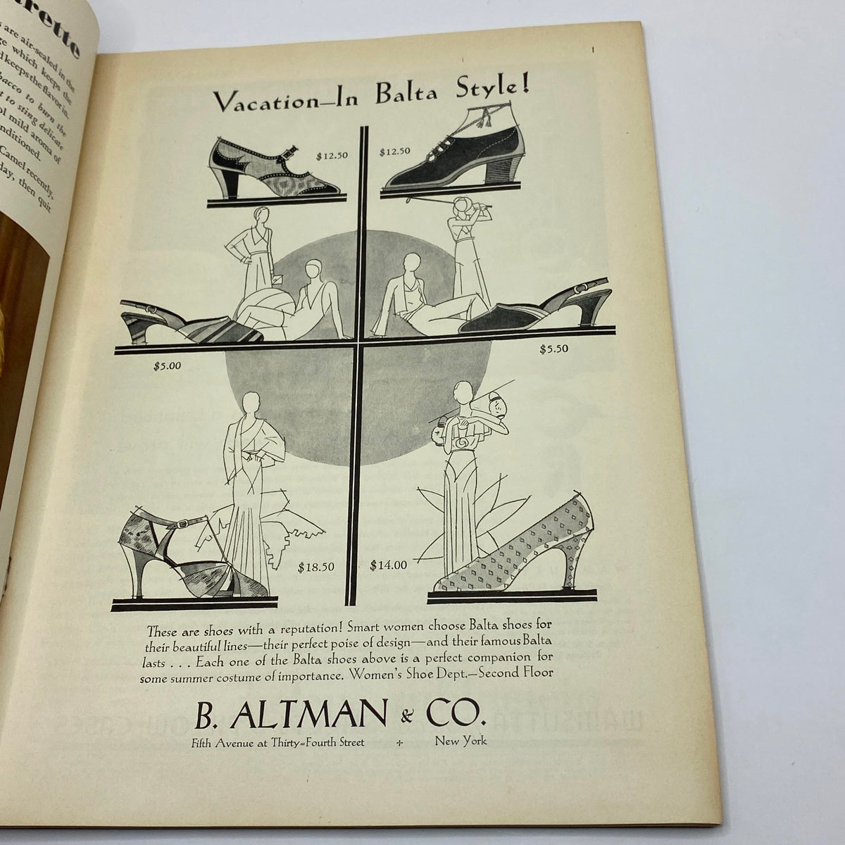 Fashion advertisement page in The New Yorker magazine, July 11, 1931, highlighting women's shoes by B. Altman & Co., featuring stylish designs from the era.