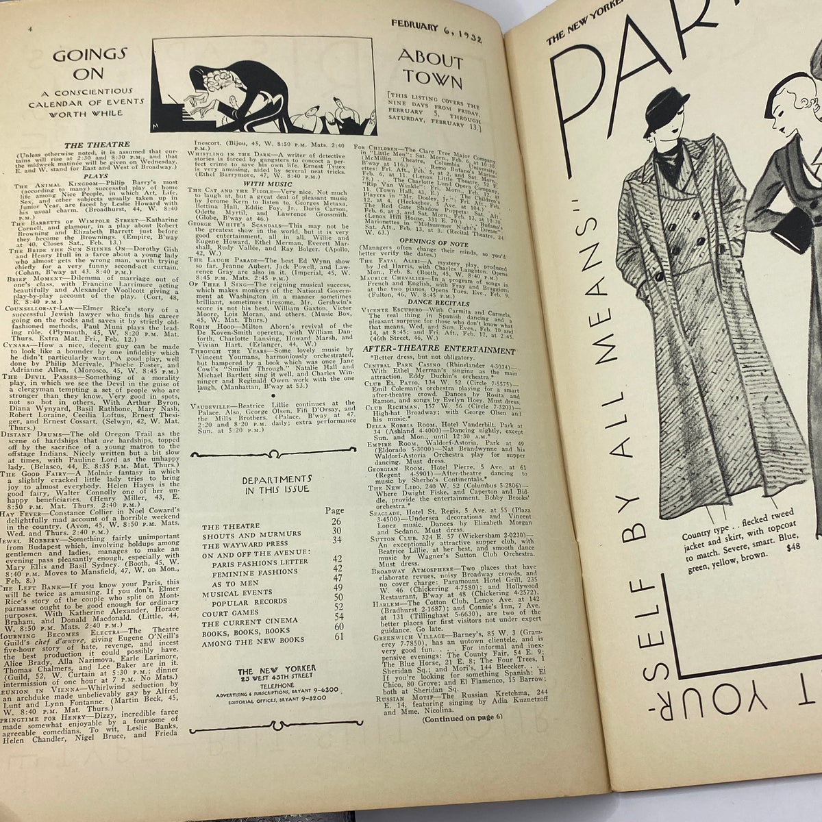 Interior pages of The New Yorker Magazine February 6, 1932, featuring articles and fashion illustrations.