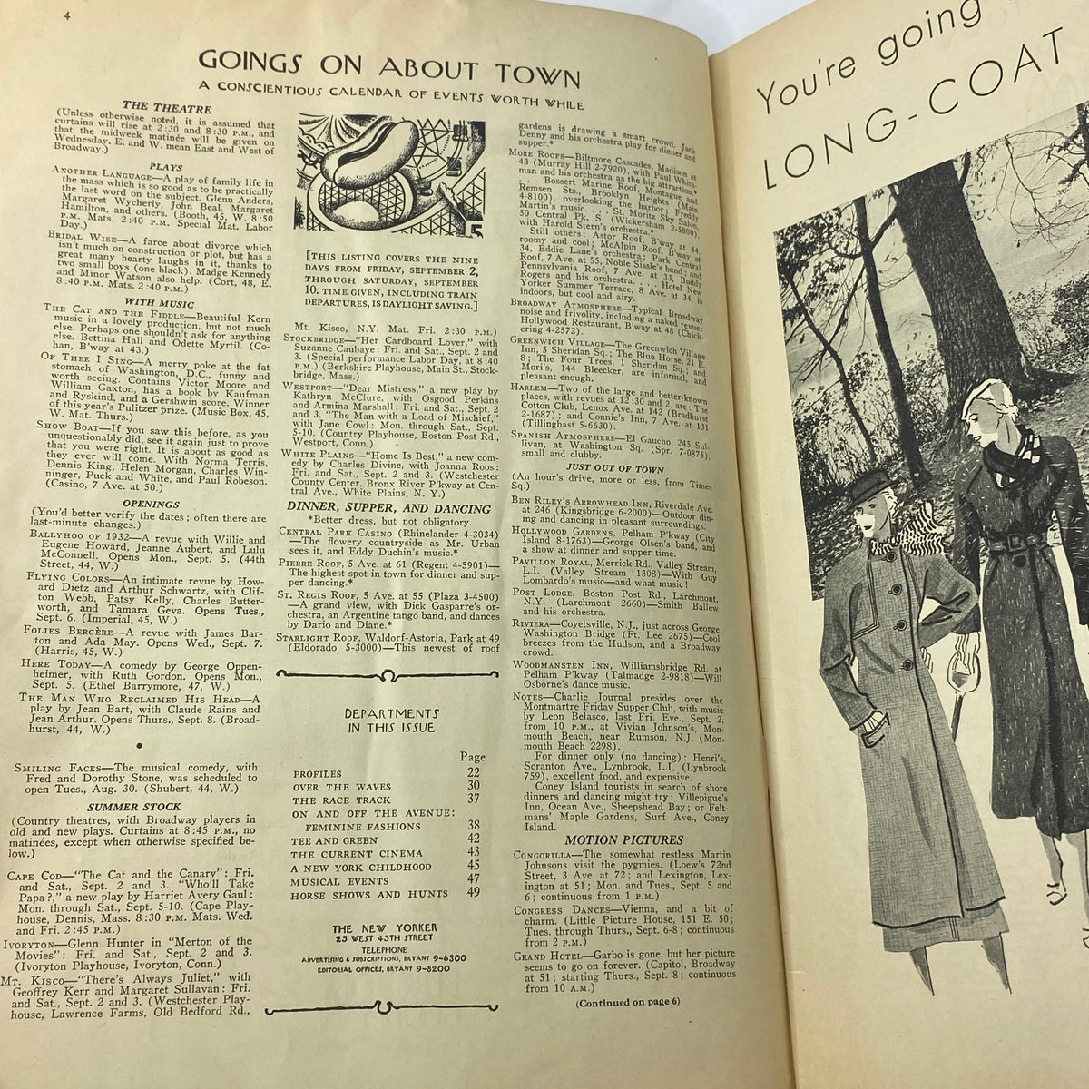 Interior page from The New Yorker complete magazine September 3, 1932, featuring events calendar and fashion illustrations by Ilonka Karasz.