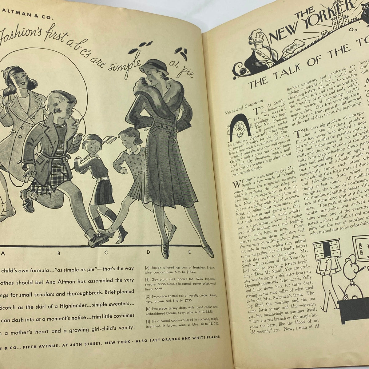 Another interior page from The New Yorker magazine September 3, 1932, showcasing fashion advertisements and commentary.
