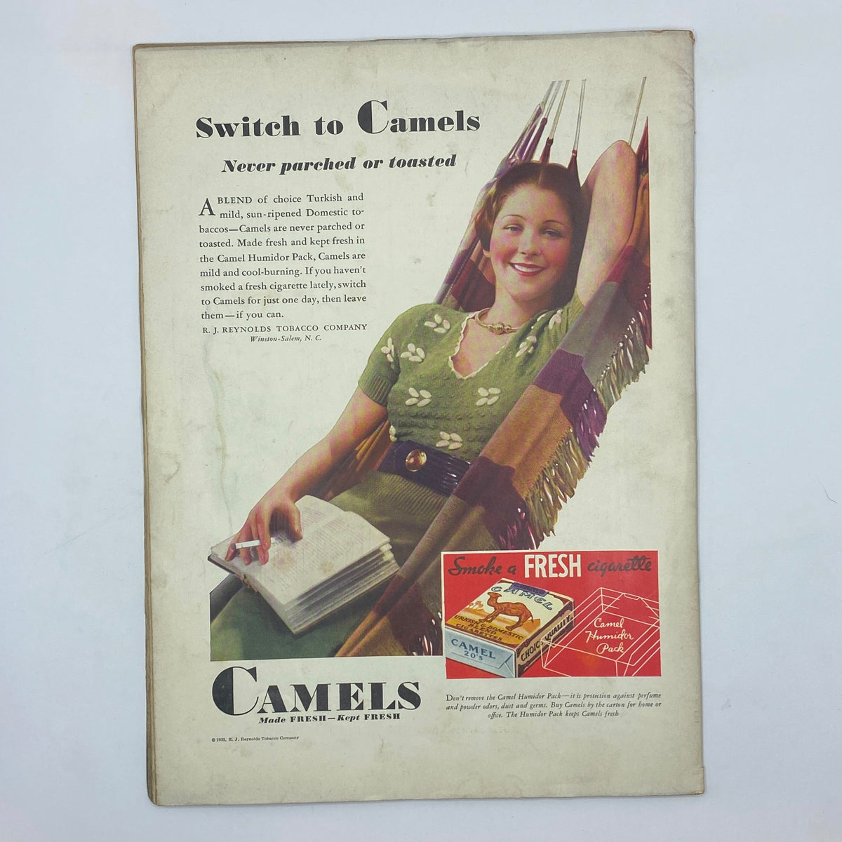 Vintage advertisement from The New Yorker complete magazine September 3, 1932, promoting Camels cigarettes with an illustration of a woman reading.