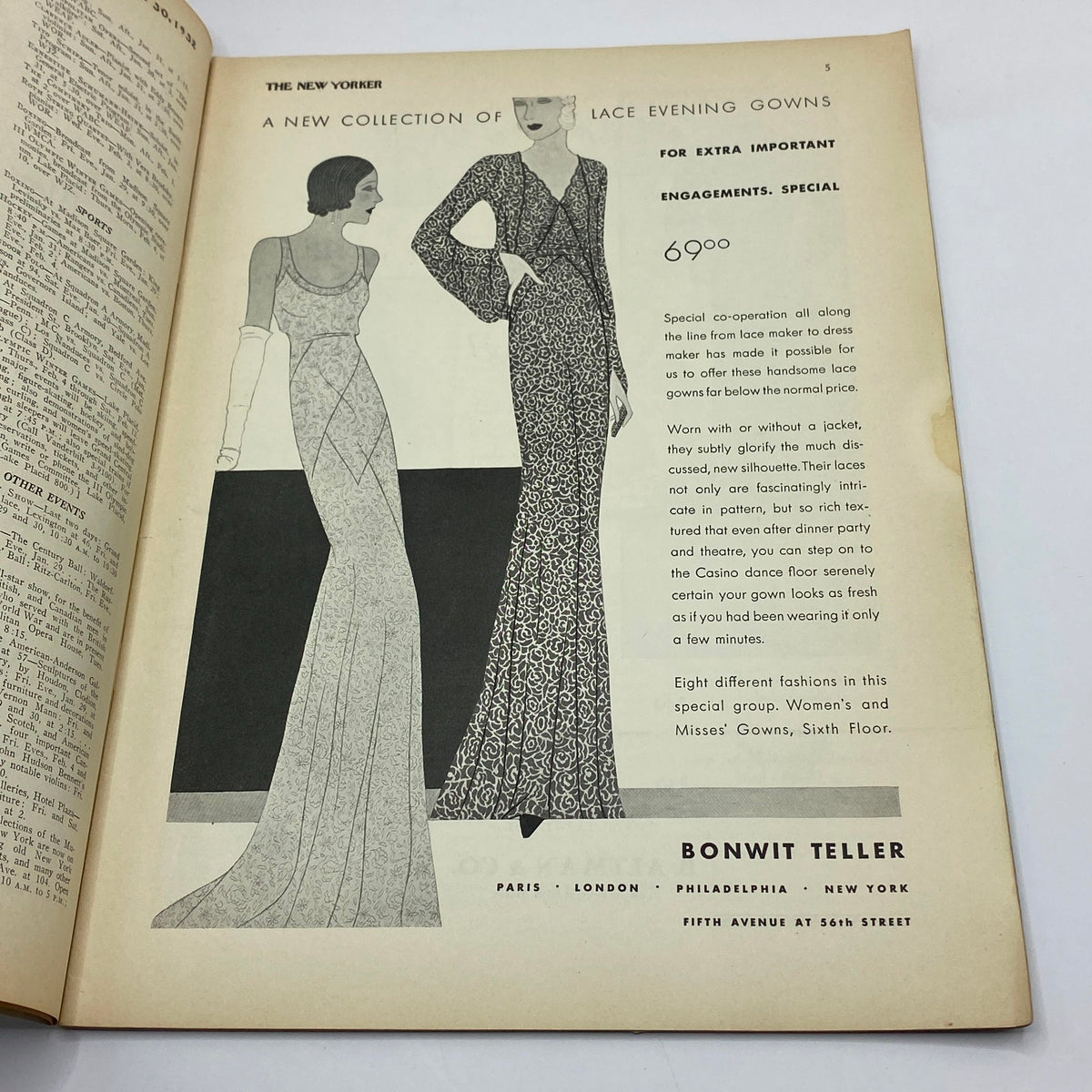 Fashion advertisement in The New Yorker magazine from January 30, 1932 showcasing elegant lace evening gowns.