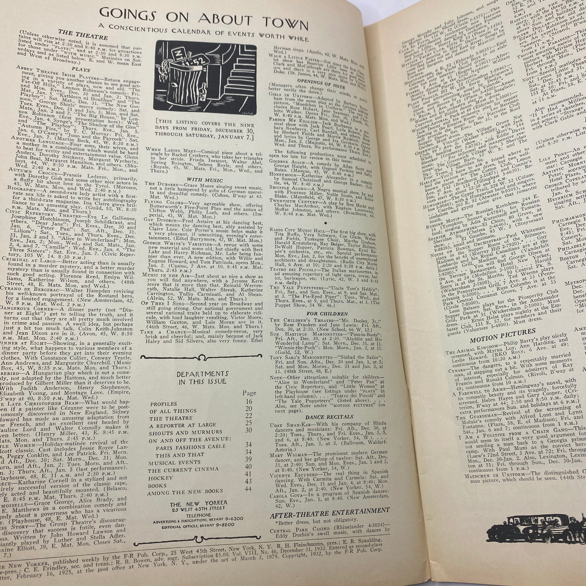 Interior pages featuring events and activities from The New Yorker Complete Magazine December 31, 1932. Includes calendar listings for plays, music, children's activities, and dance recitals. A historical glimpse into the cultural events of the era.