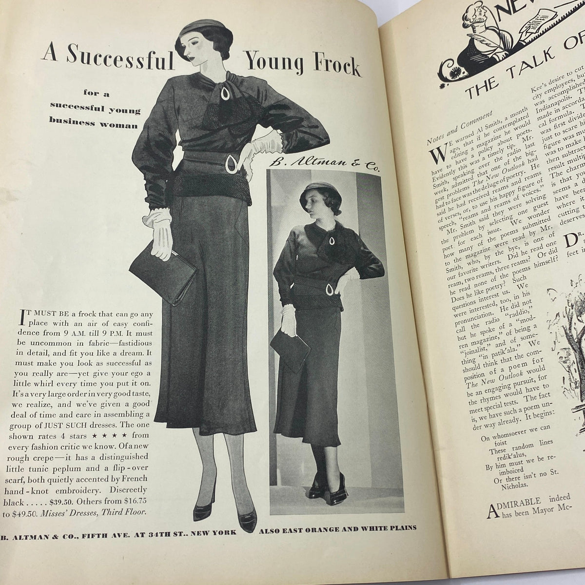 Fashion advertisement in The New Yorker from October 1, 1932, showcasing a stylish young frock for business women by B. Altman & Co., emphasizing elegance and professional attire.