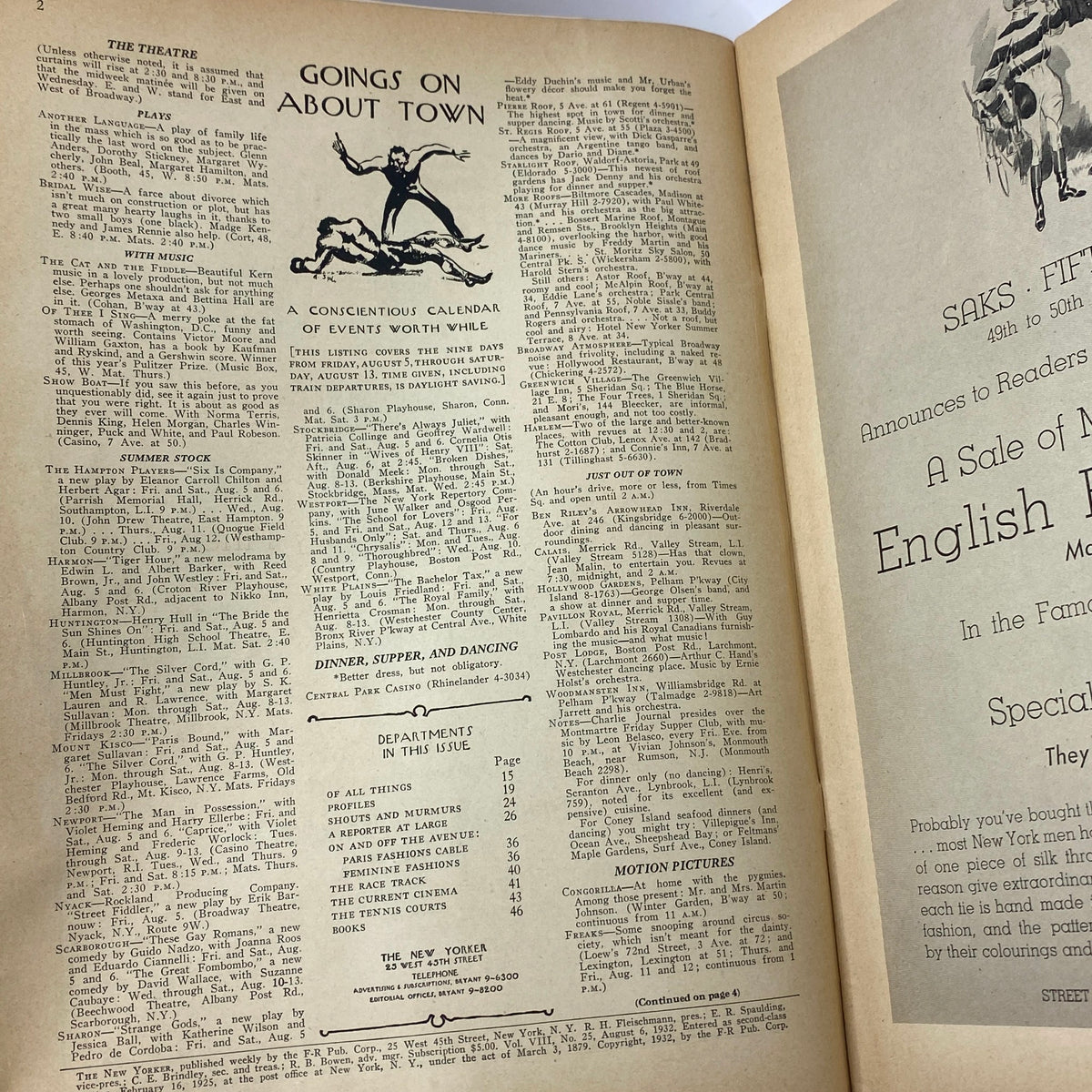 Inside pages of The New Yorker Complete Magazine August 6, 1932, featuring the 'Goings on About Town' section, showcasing events, theatre reviews, and editorial content.