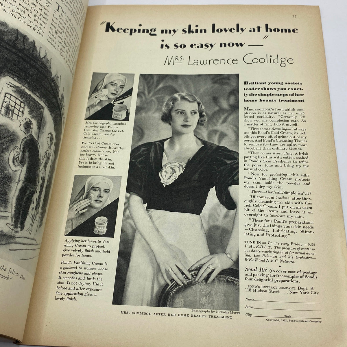 Vintage advertisement featuring Mrs. Lawrence Coolidge showcasing her home beauty treatment with Pond's Vanishing Cream in The New Yorker Complete Magazine August 6, 1932.