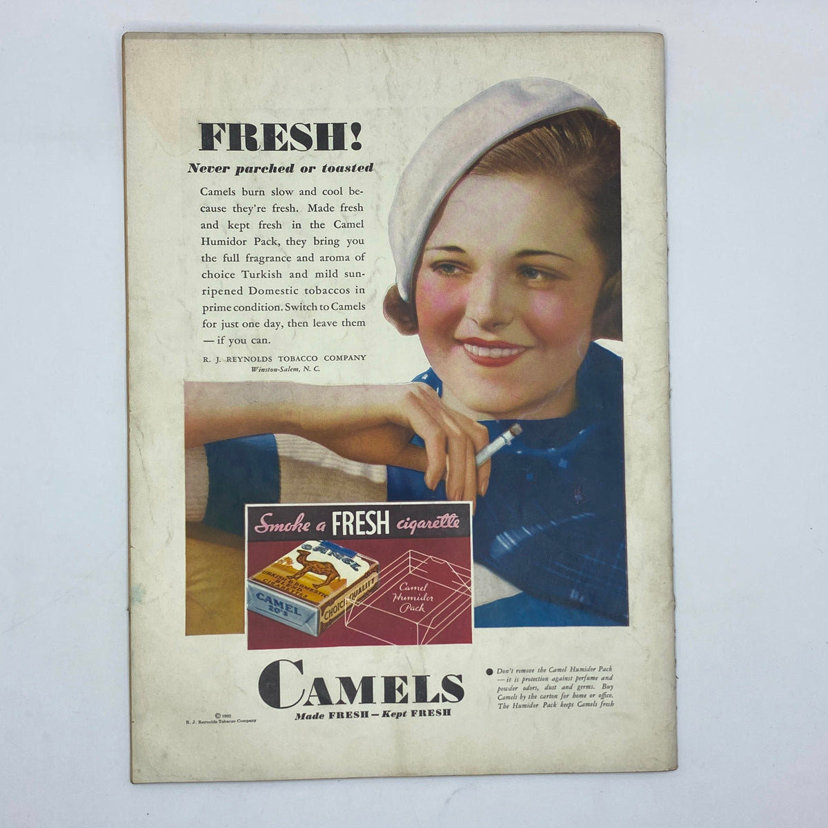 Advertisement for Camel cigarettes highlighting their freshness, featuring a smiling woman in The New Yorker Complete Magazine August 6, 1932.
