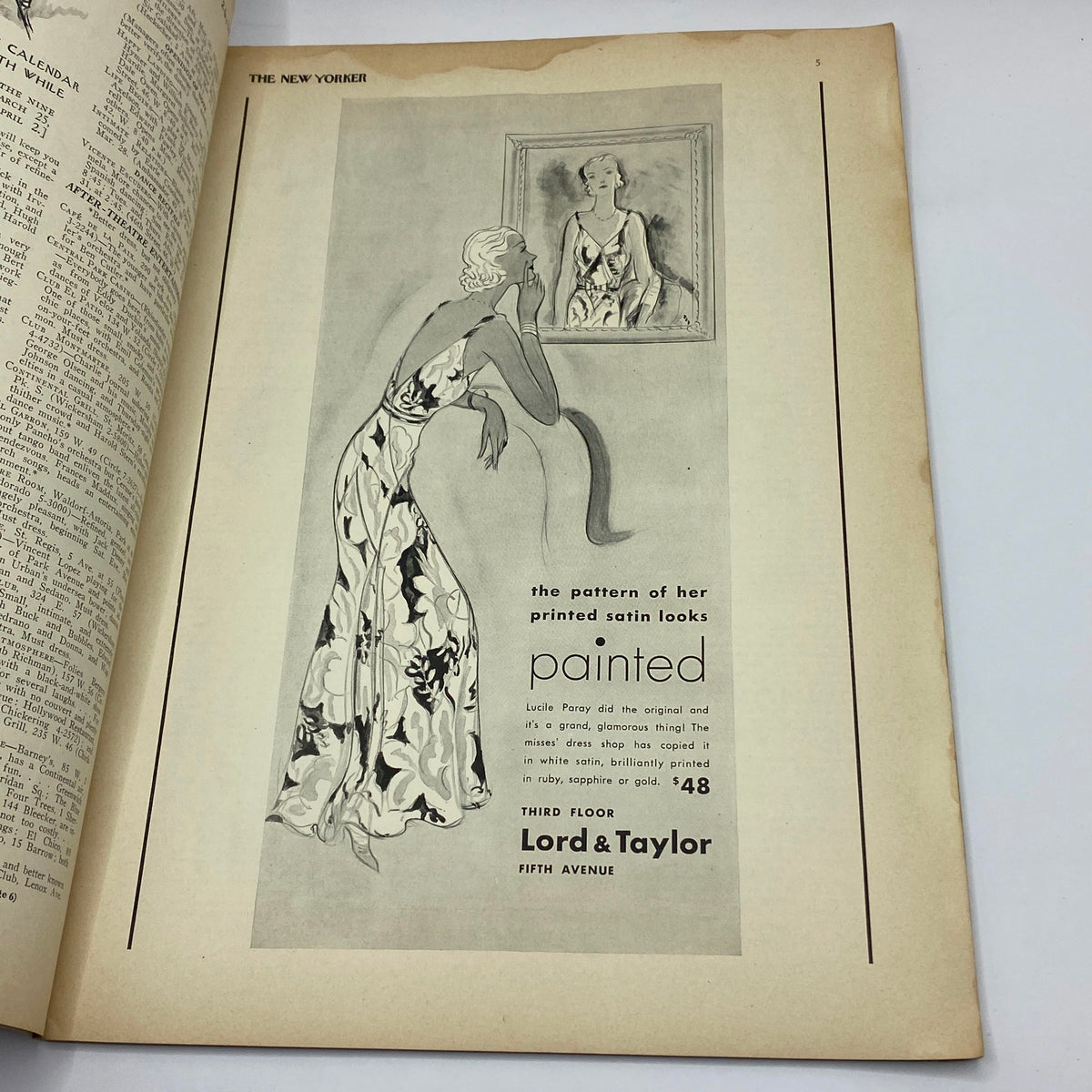 Advertisement in The New Yorker magazine, March 26, 1932, presenting a fashion illustration promoting a fancy dress from Lord & Taylor, emphasizing style and glamour of the era.