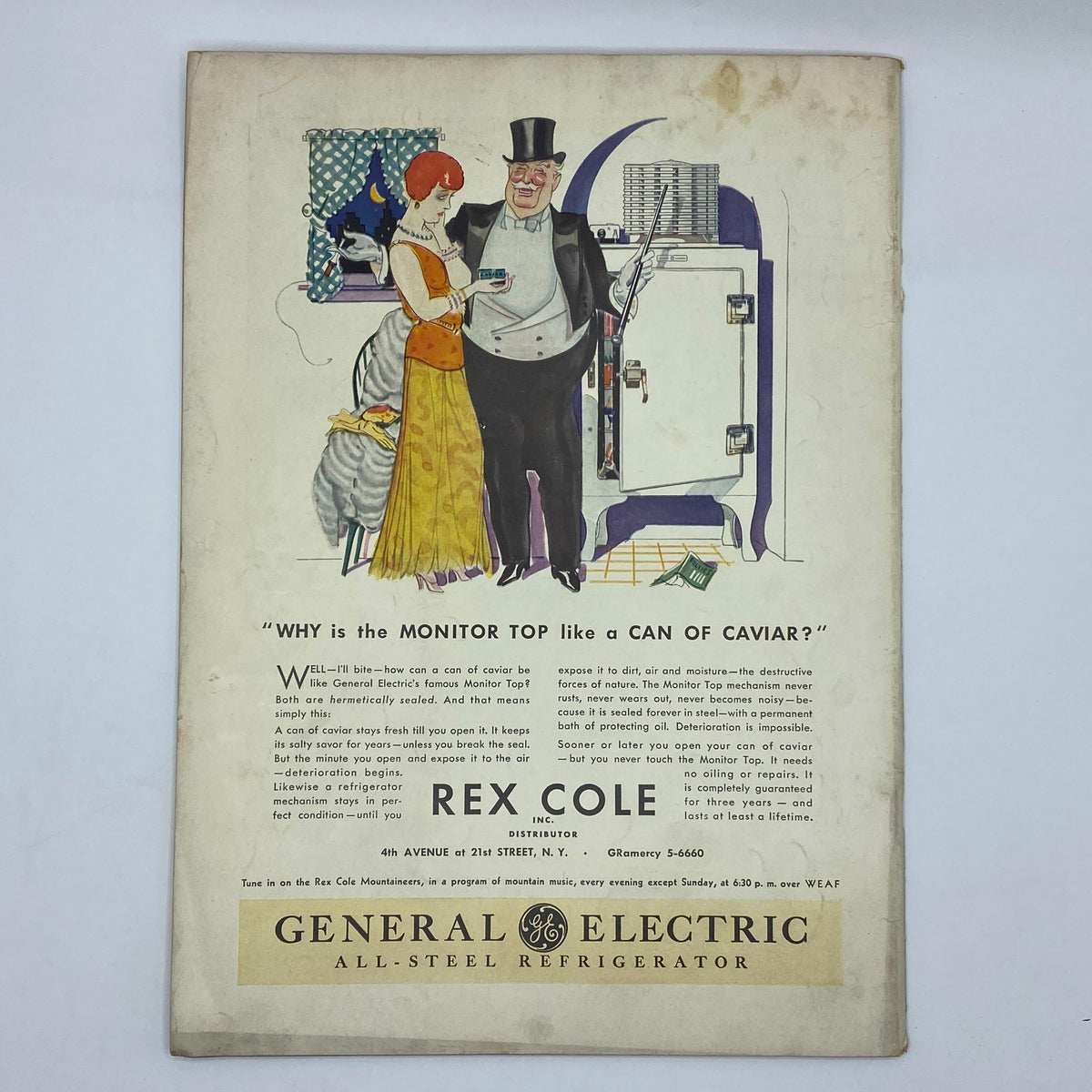 Vintage advertisement in The New Yorker magazine, March 26, 1932, for General Electric's Monitor Top refrigerator, illustrating a whimsical scene with characters discussing the product.