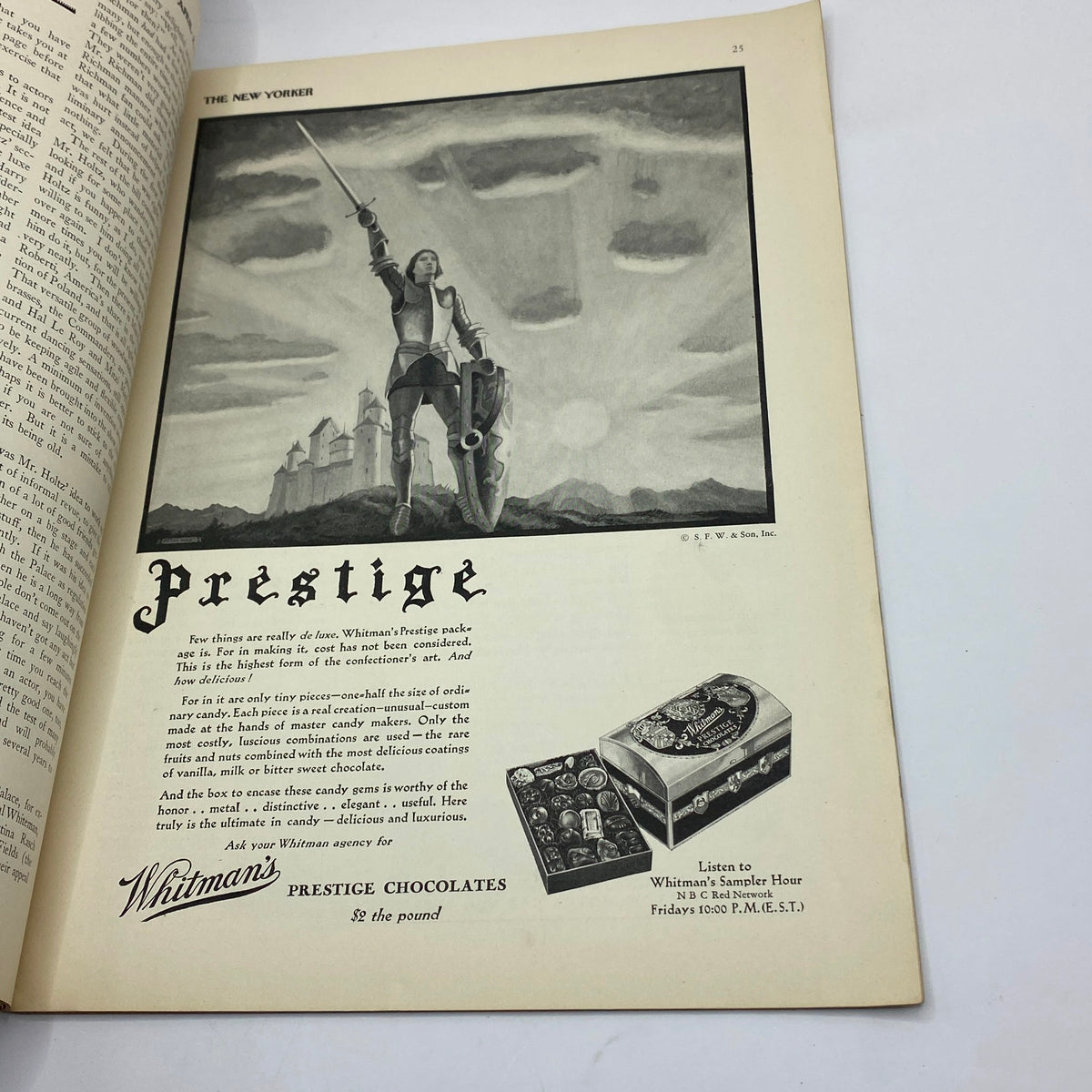 Advertisement for Whitman's Prestige Chocolates in The New Yorker Complete Magazine April 2, 1932, showcasing artistic branding.