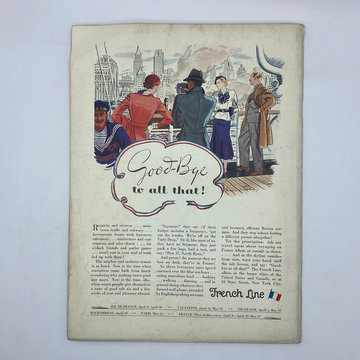 Back cover of The New Yorker Complete Magazine April 2, 1932 with a colorful illustration promoting French Line travel.