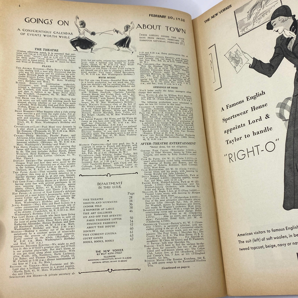 Inside pages of The New Yorker Complete Magazine February 20, 1932, highlighting events and entertainment in New York City, showcasing a unique vintage aesthetic.