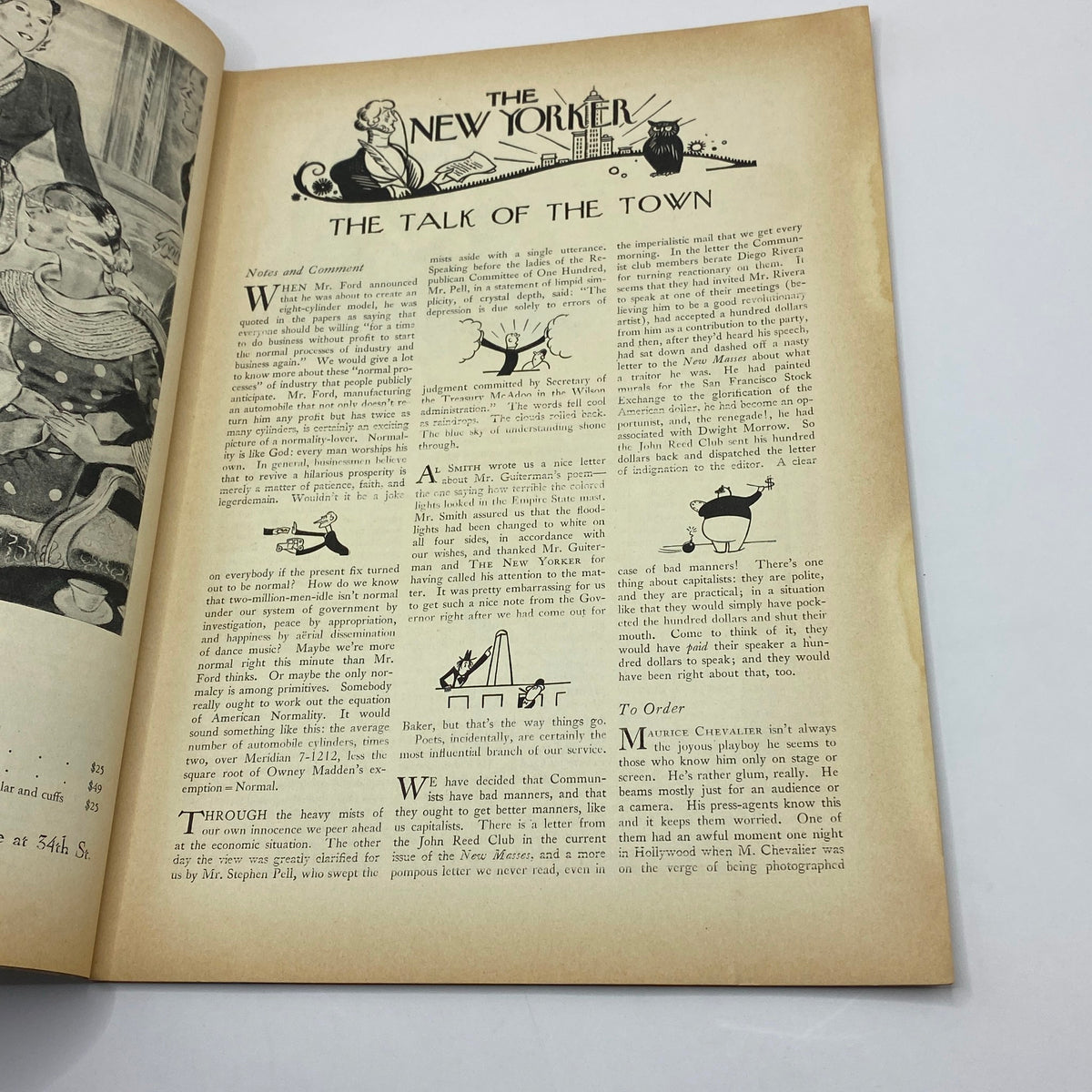 Interior page of The New Yorker Complete Magazine February 20, 1932 featuring 'The Talk of the Town' column with illustrations and commentary.