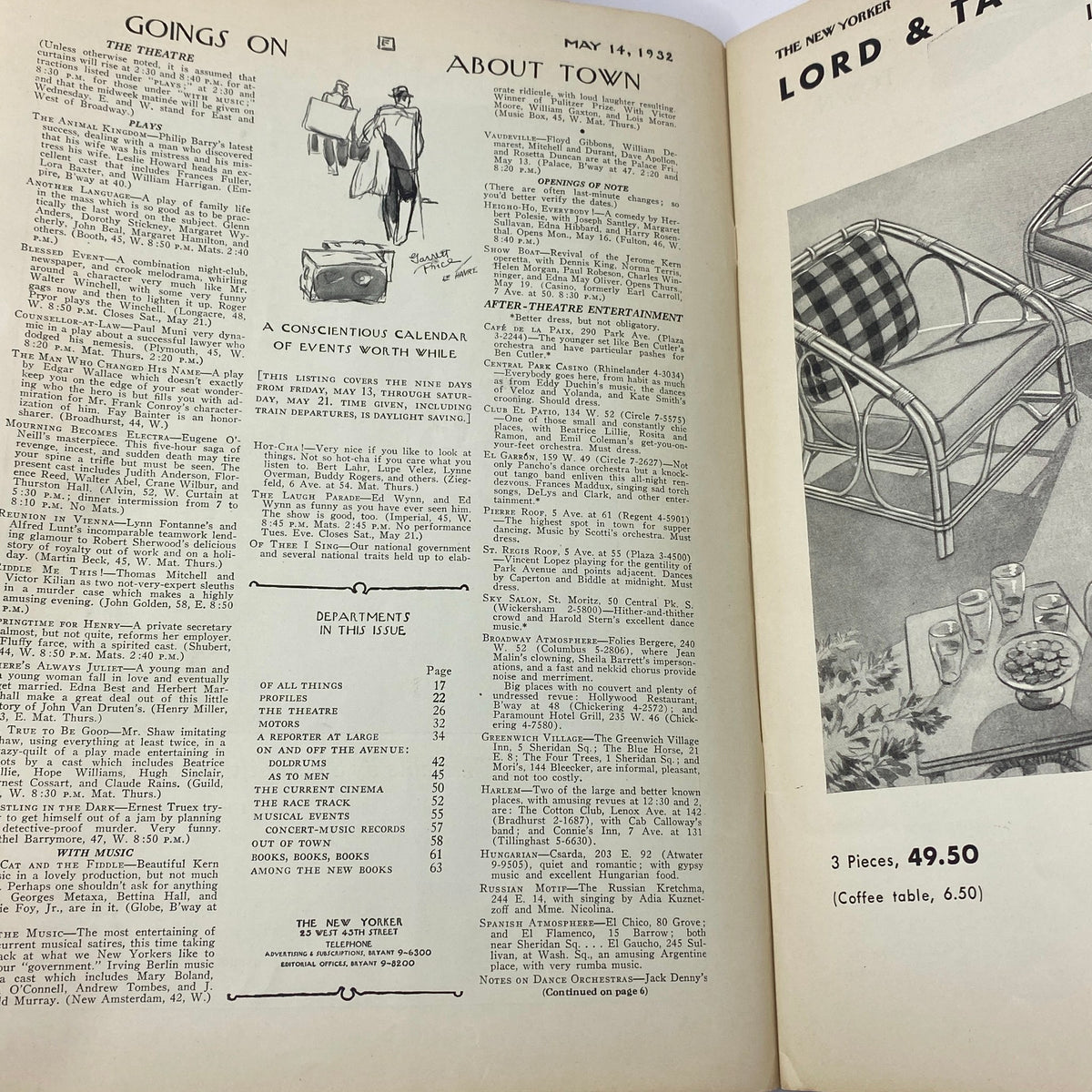 Interior pages of The New Yorker May 14, 1932 magazine featuring 'Goings On About Town' and a detailed table of contents.