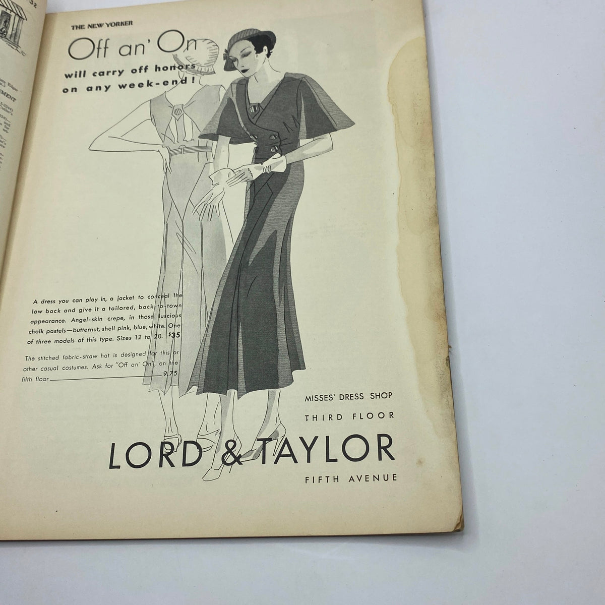 Fashion advertisement page from The New Yorker Complete Magazine May 7, 1932 featuring a Lord & Taylor dress design.